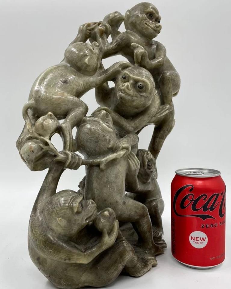 Large Early 19th Century Chinese Soapstone Monkeys Group Carving In Good Condition For Sale In Hoddesdon, GB