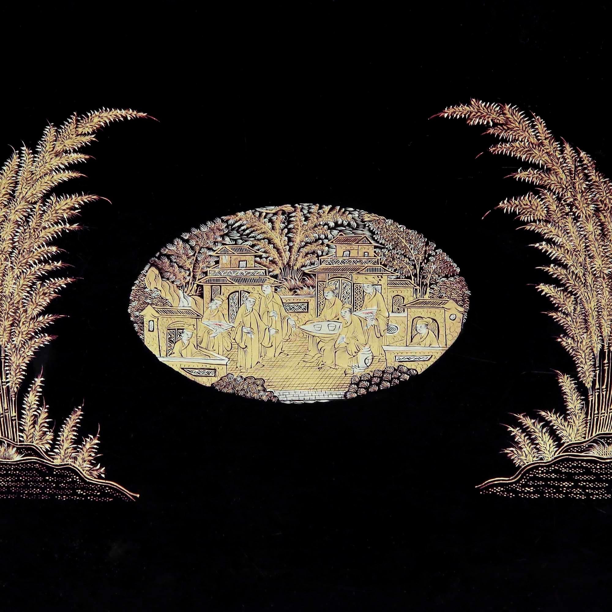 A large early 19th century chinoiserie black lacquer and gilt box of a rare shape. Canton, China, circa 1830.

Why we like them

Exquisite gilt decoration, wonderfully preserved original condition.

Dimensions

Width: 41 cm / 16”
Depth: 33 cm /