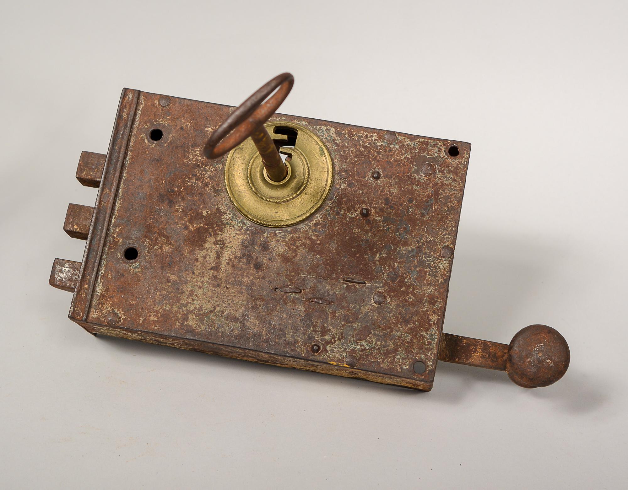 Large Early 19th Century Door Lock and Latch on Patinated Stand For Sale 7