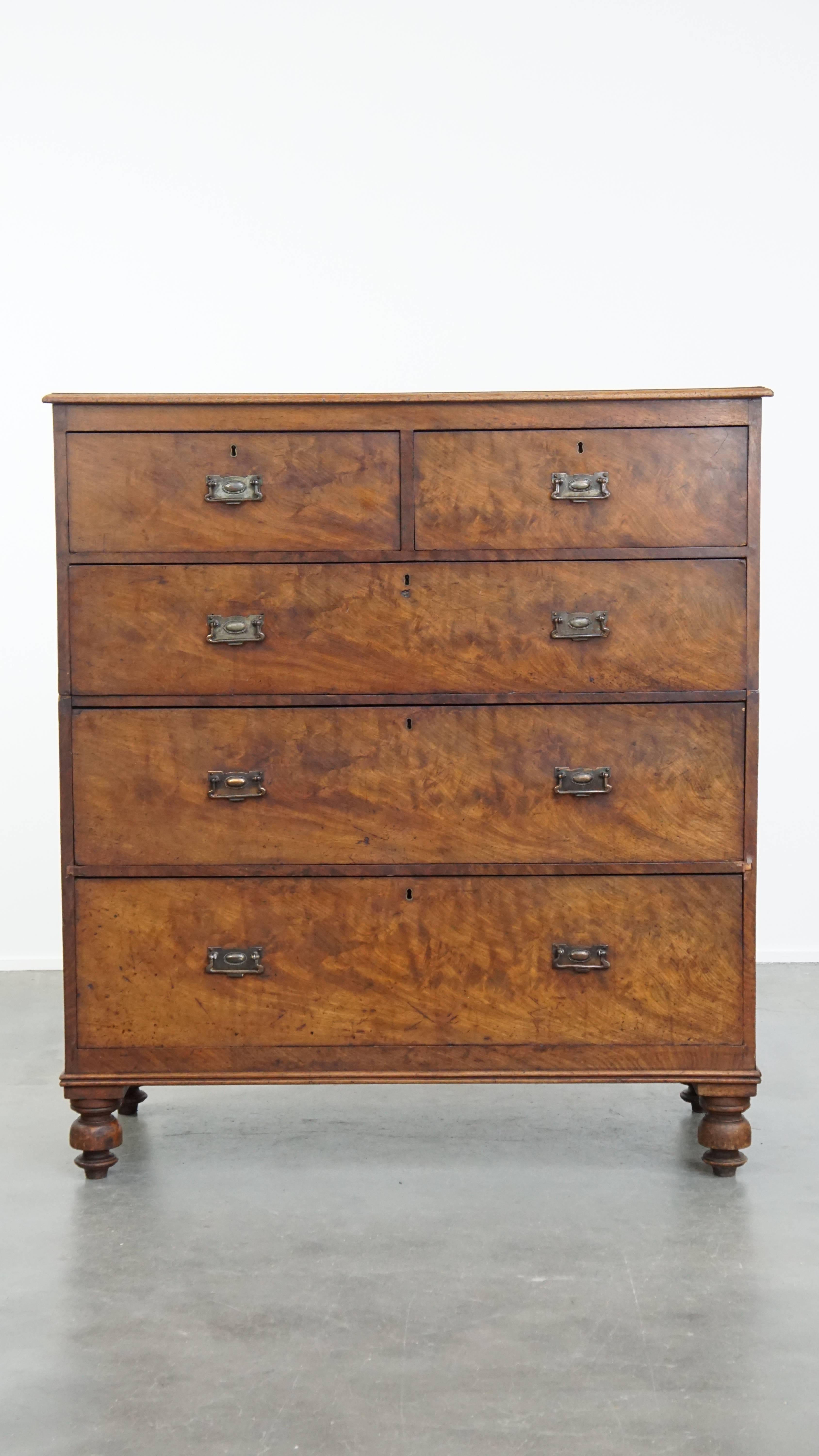 Offered here is this large early 19th-century English antique chest of drawers featuring five drawers and a stunning aged patina. This exceptional double chest is a remarkable piece for any true antique enthusiast. In our opinion, a chest like this