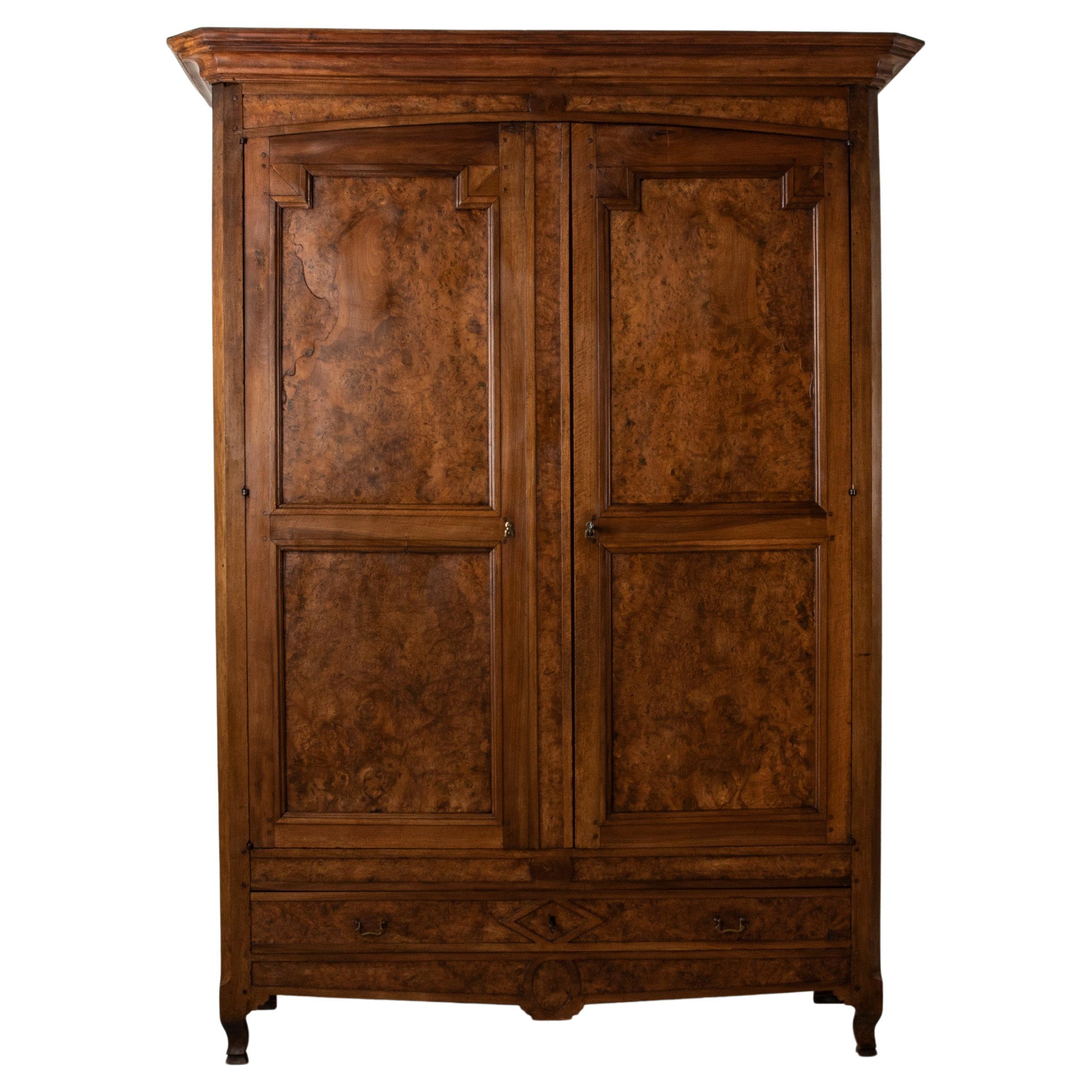 Large Early 19th Century French Burl Elm Armoire or Wardrobe, Hand Forged Locks
