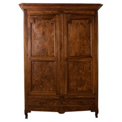 Large Early 19th Century French Burl Elm Armoire or Wardrobe, Hand Forged Locks