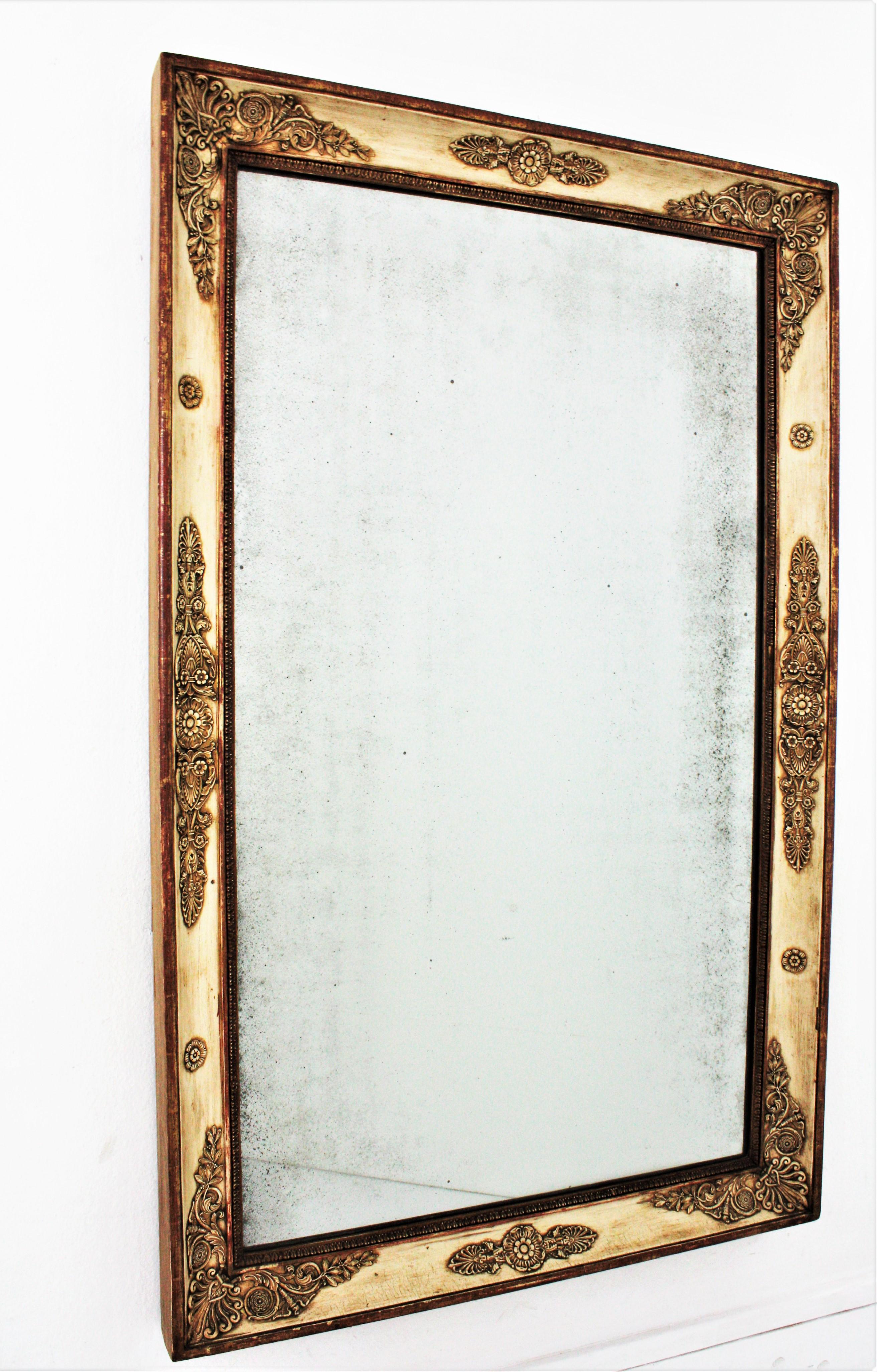 Large French Empire Parcel-Gilt and Beige Rectangular Mirror For Sale 5