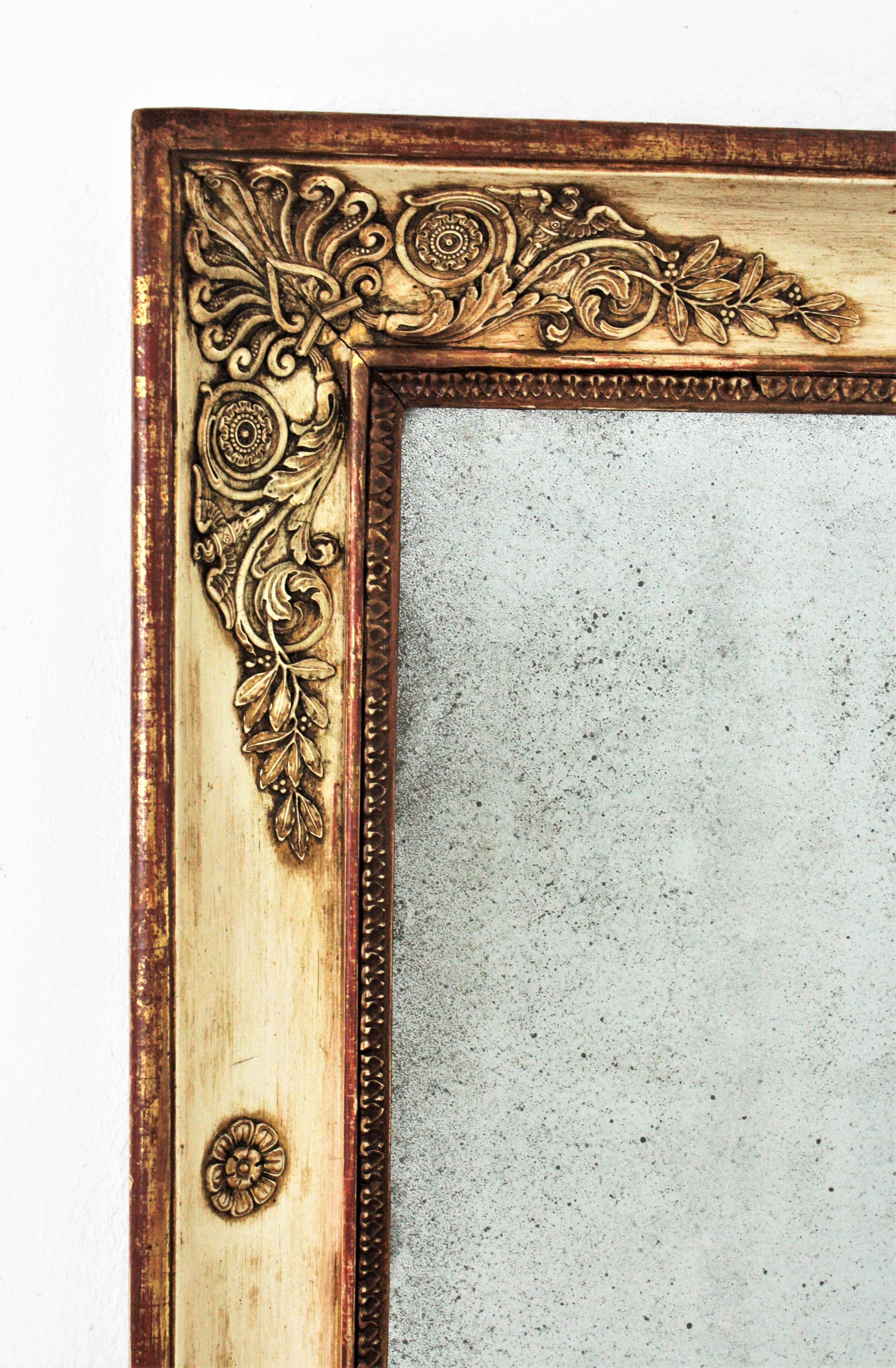 Large French Empire Parcel-Gilt and Beige Rectangular Mirror In Good Condition For Sale In Barcelona, ES