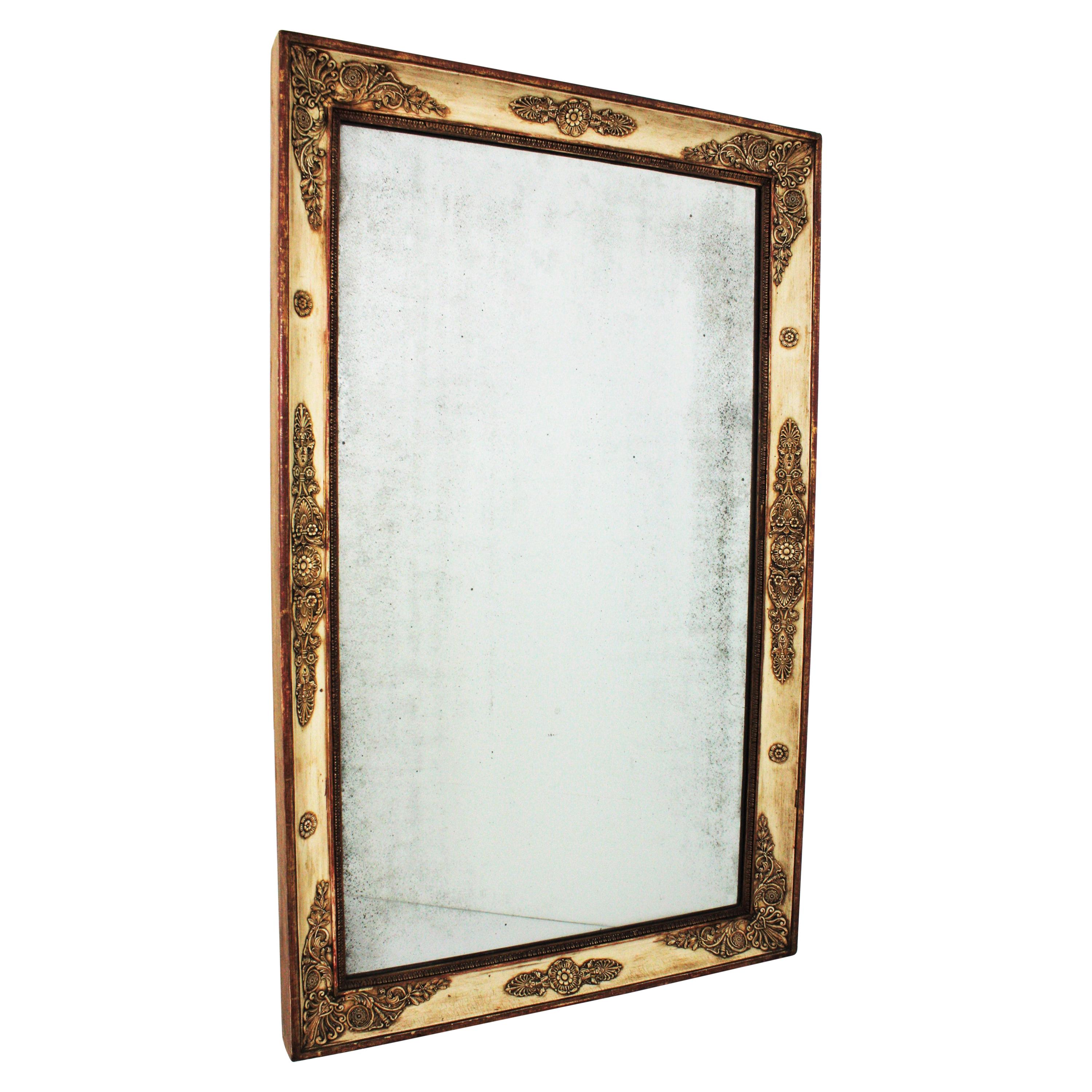 Large French Empire Parcel-Gilt and Beige Rectangular Mirror For Sale