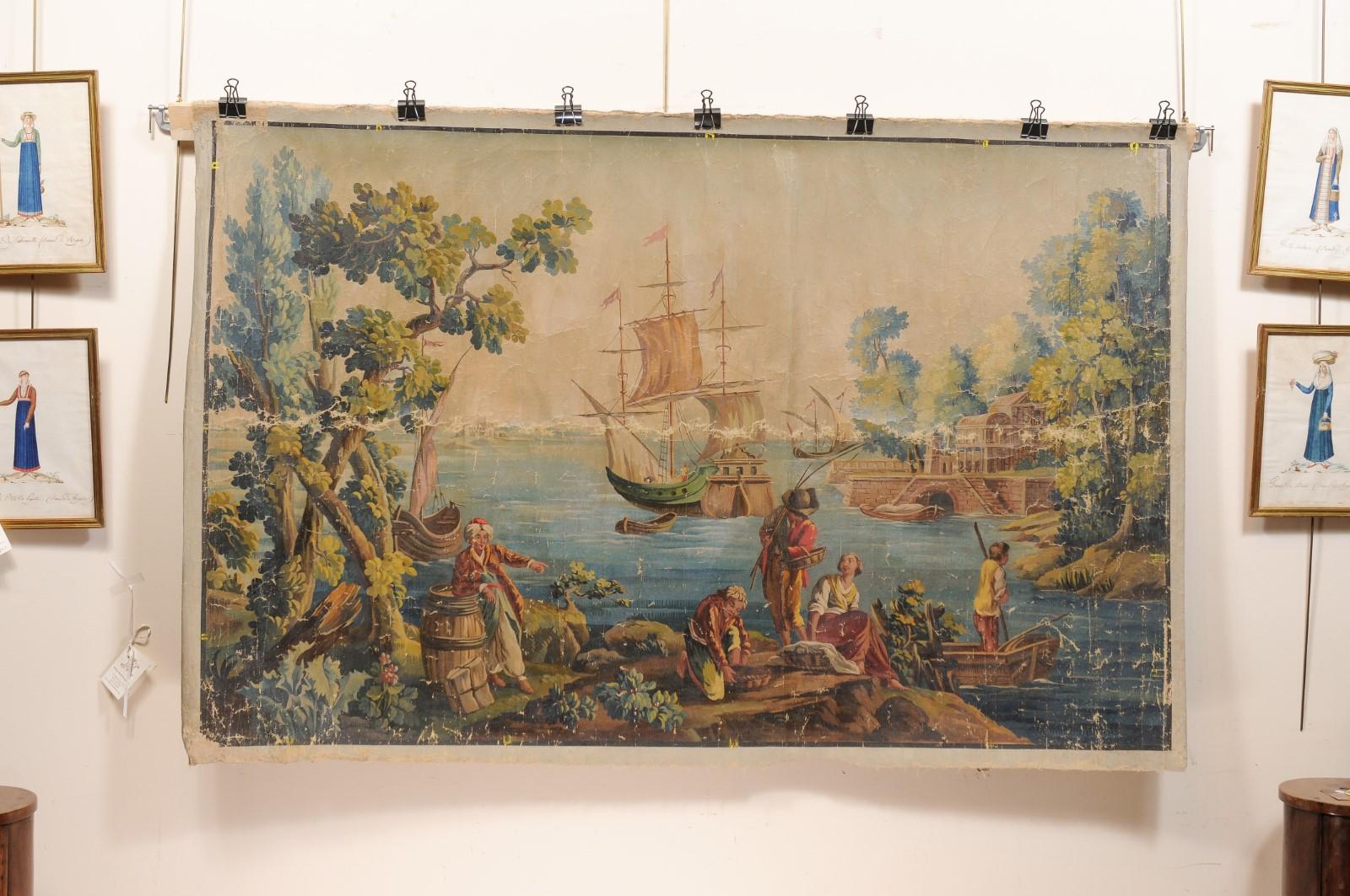 Large Early 19th Century French Oil on Linen Painted Panel with Waterway Scene In Fair Condition For Sale In Atlanta, GA