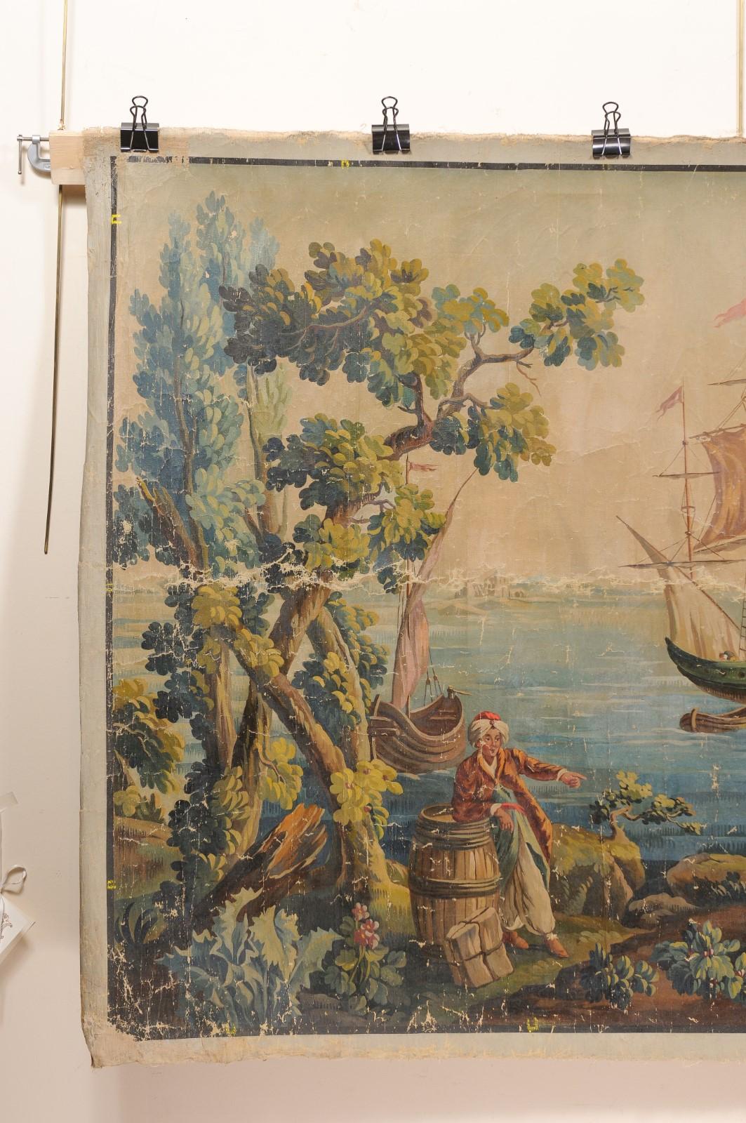 Large Early 19th Century French Oil on Linen Painted Panel with Waterway Scene For Sale 1