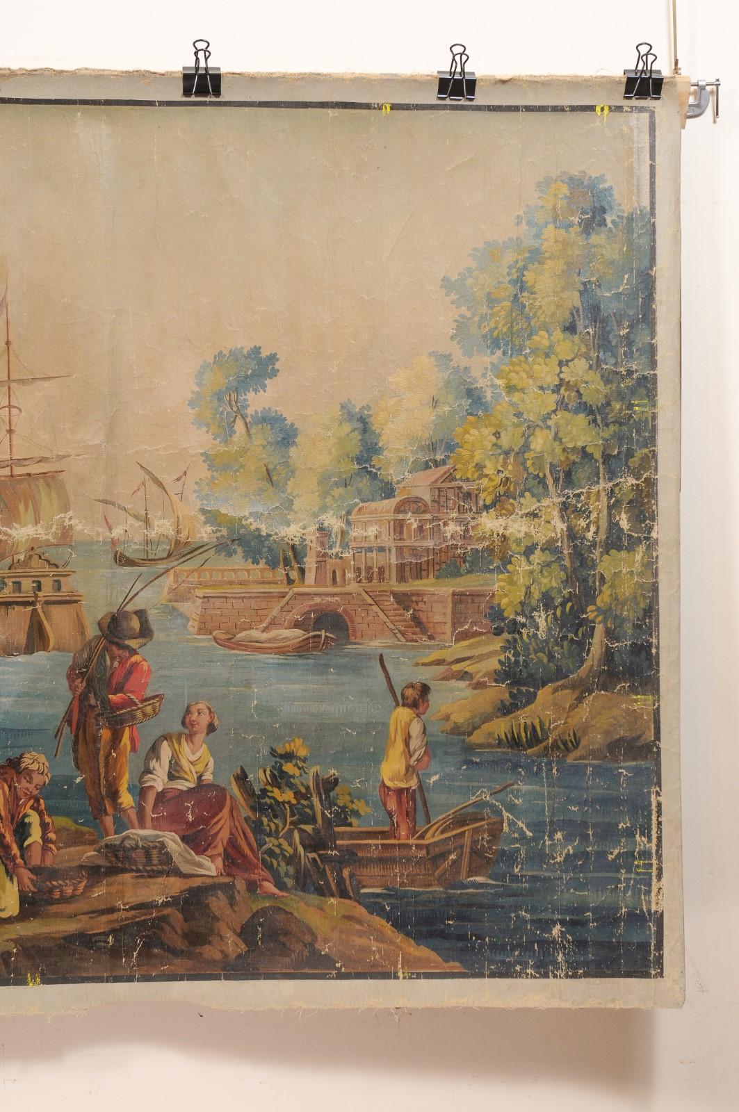 Large Early 19th Century French Oil on Linen Painted Panel with Waterway Scene For Sale 3