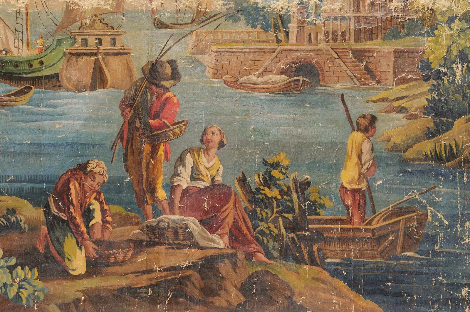 Large Early 19th Century French Oil on Linen Painted Panel with Waterway Scene For Sale 4