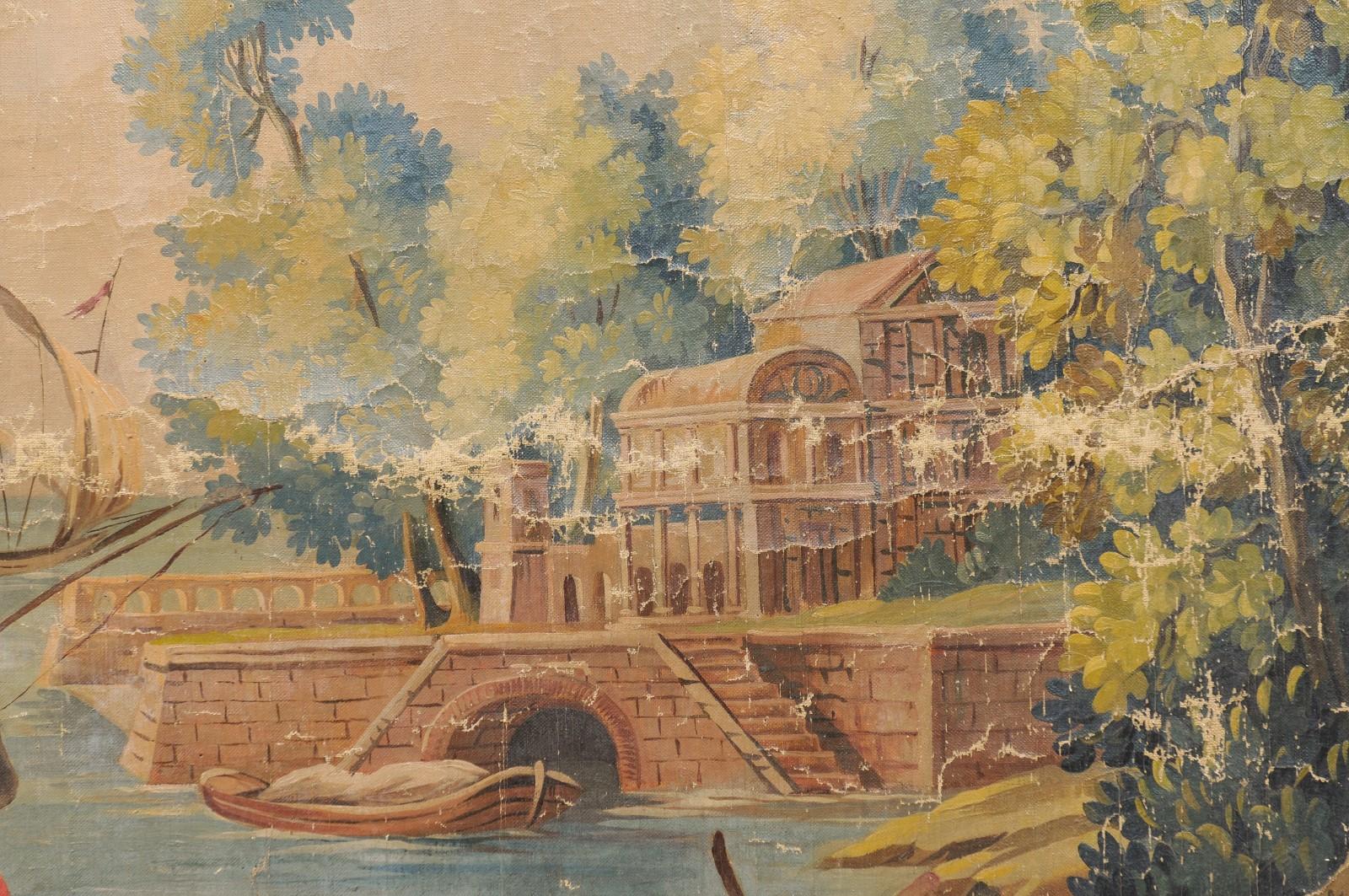 Large Early 19th Century French Oil on Linen Painted Panel with Waterway Scene For Sale 6