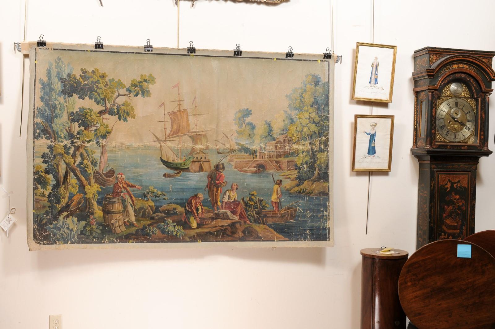 Large Early 19th Century French Oil on Linen Painted Panel with Waterway Scene For Sale 7