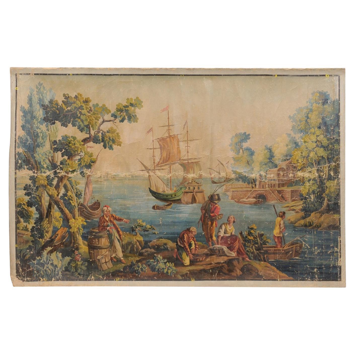 Large Early 19th Century French Oil on Linen Painted Panel with Waterway Scene