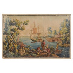 Antique Large Early 19th Century French Oil on Linen Painted Panel with Waterway Scene