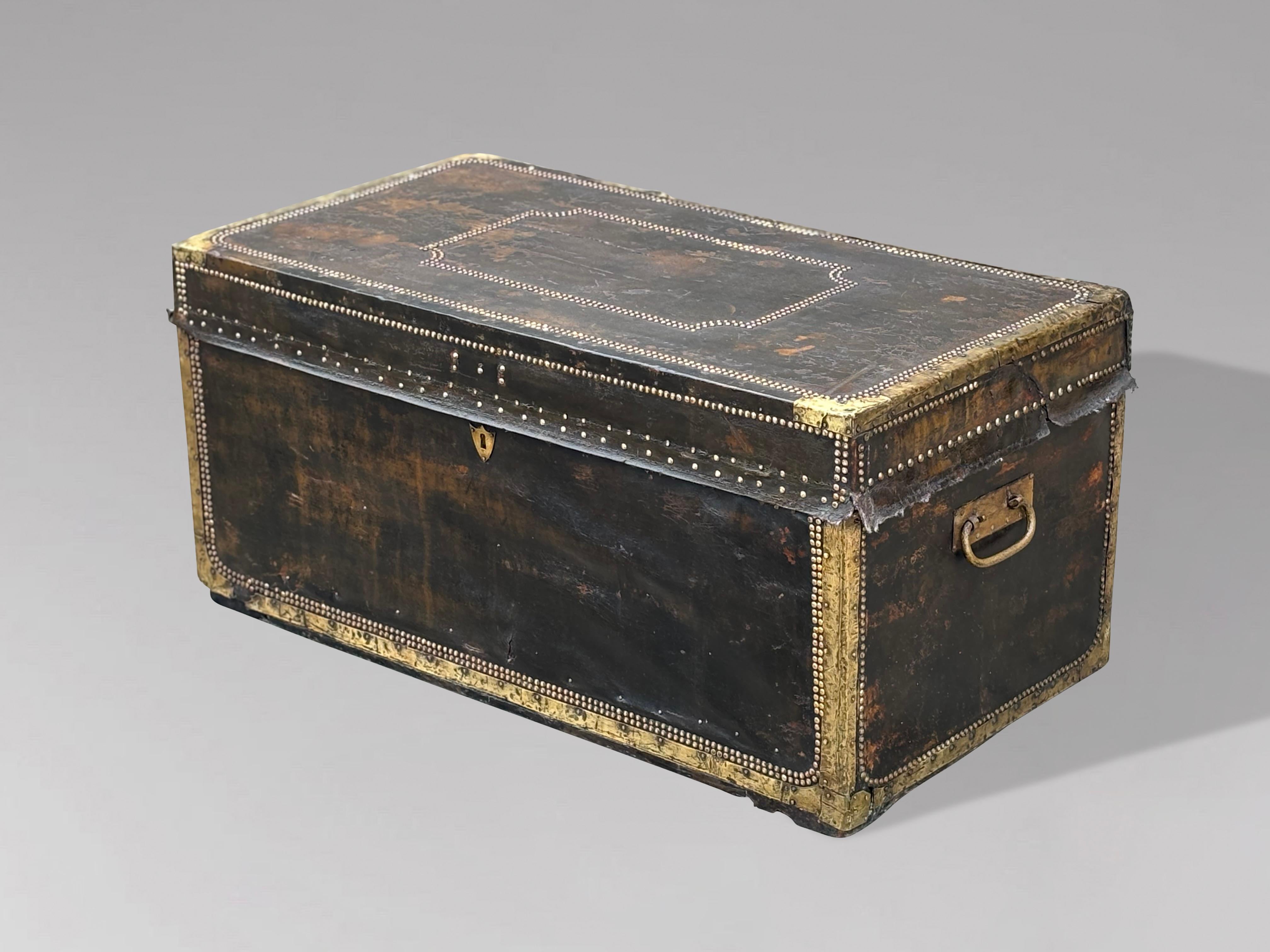 British Large Early 19th Century Georgian Leather Camphor Wood Travelling Trunk For Sale