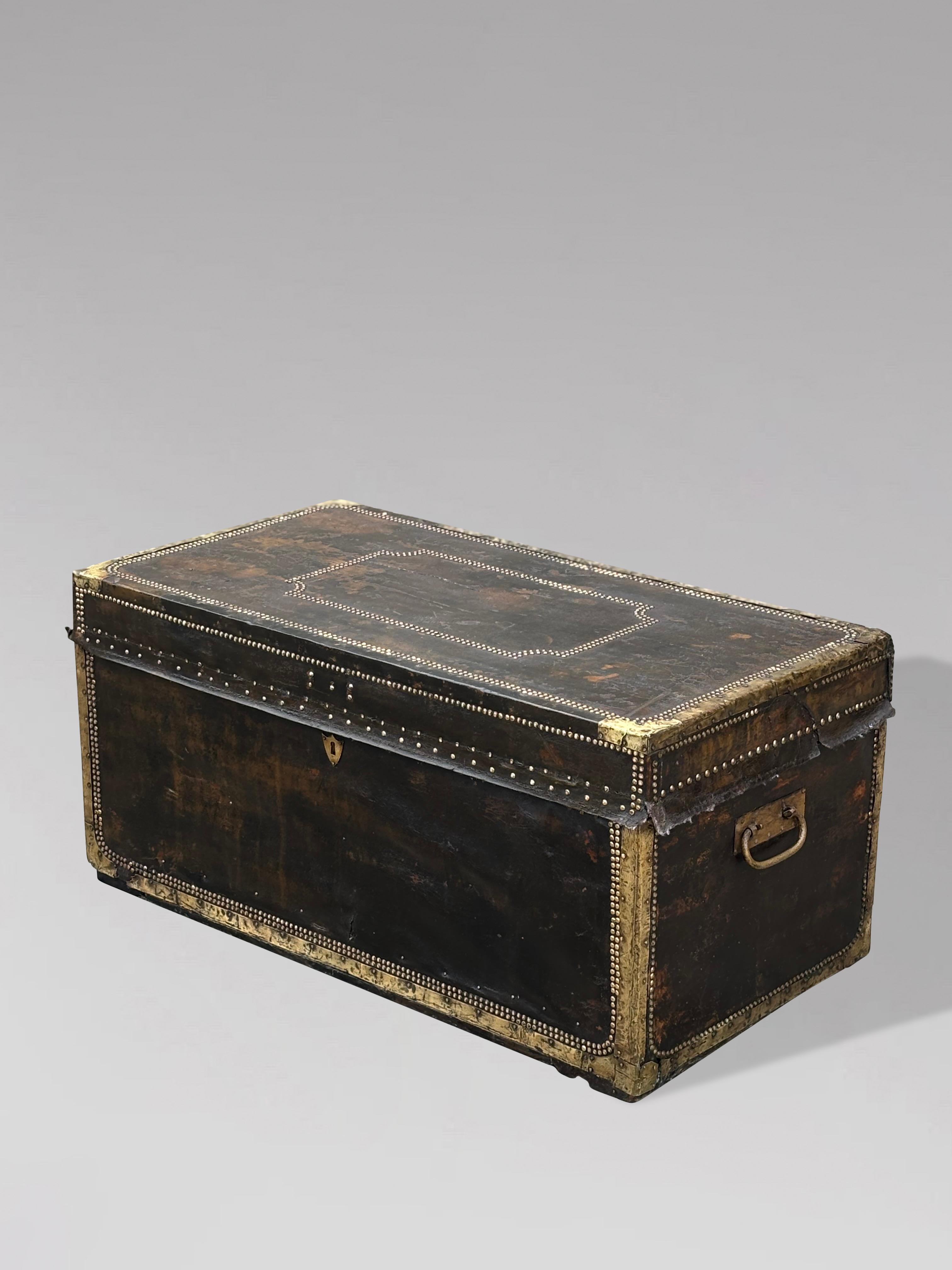 Large Early 19th Century Georgian Leather Camphor Wood Travelling Trunk For Sale 4