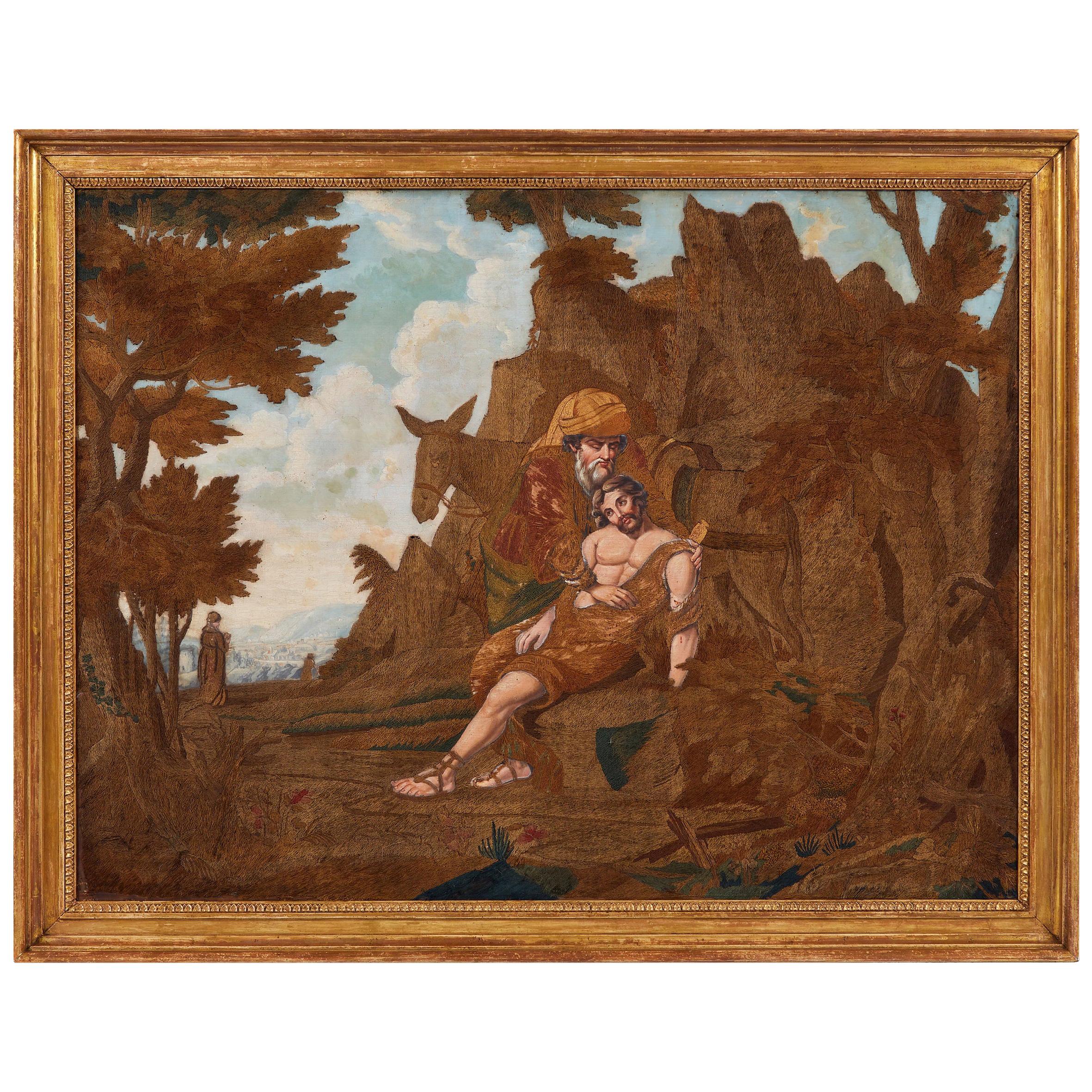 Großes Gemälde und Seidenarbeit aus dem frühen 19. Jahrhundert, „Der gute Samaritan“