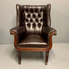 Large Early 19th Century Regency Buttoned Leather Wing Armchair on Castors