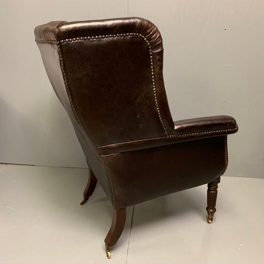 Large Early 19th Century Regency Buttoned Leather Wing Armchair on Castors For Sale 1