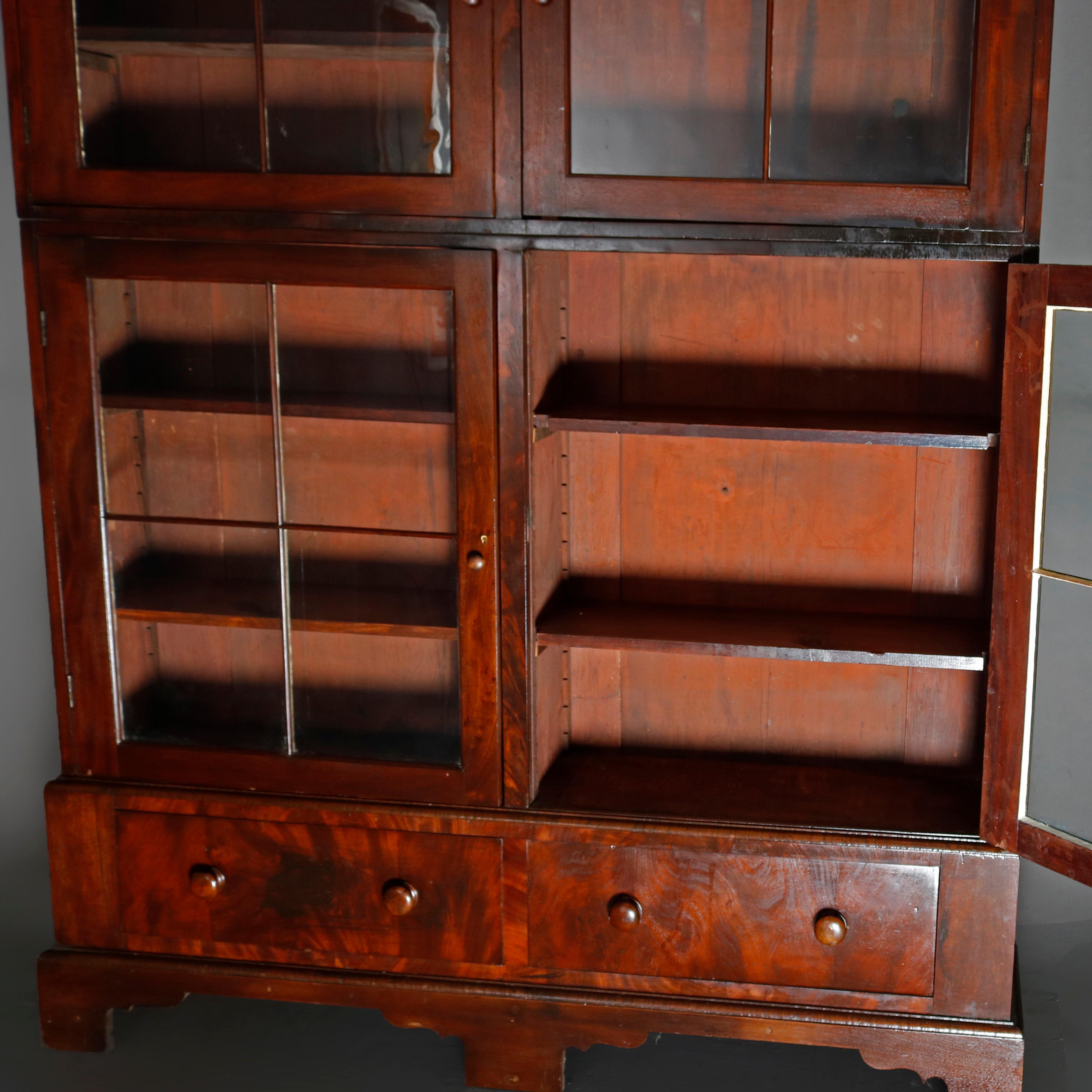 Large and Early 19th Century American Empire Flame Mahogany 3-Section Bookcase In Good Condition In Big Flats, NY
