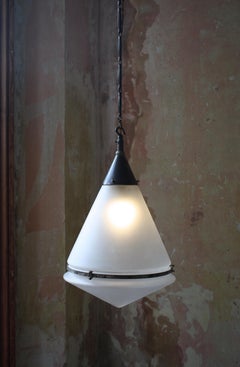 Large Early 20th C Brass & Frosted Glass Conical Peter Behrens Luzette Pendant