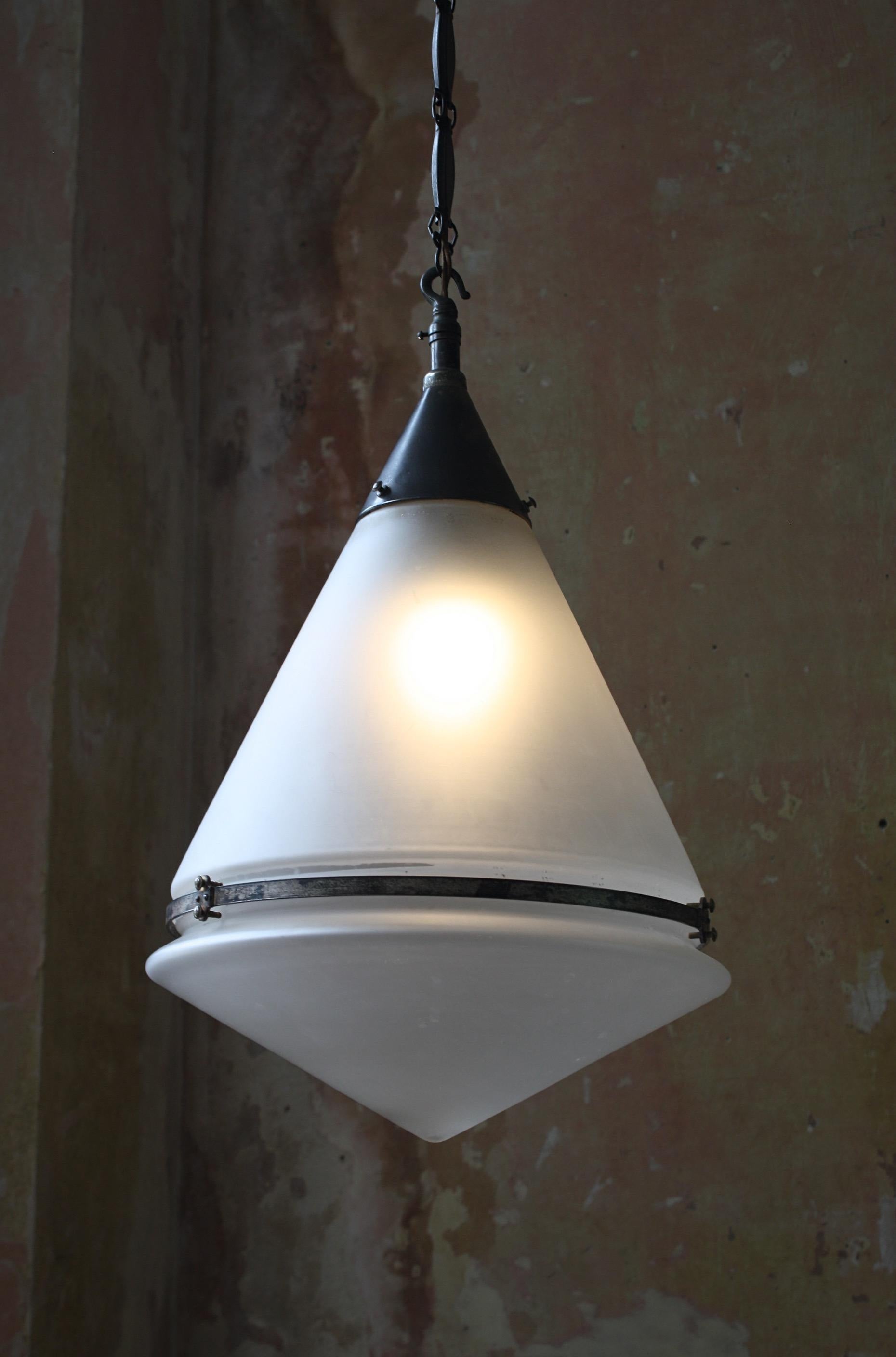 German Large Early 20th C Brass & Frosted Glass Conical Peter Behrens Luzette Pendant