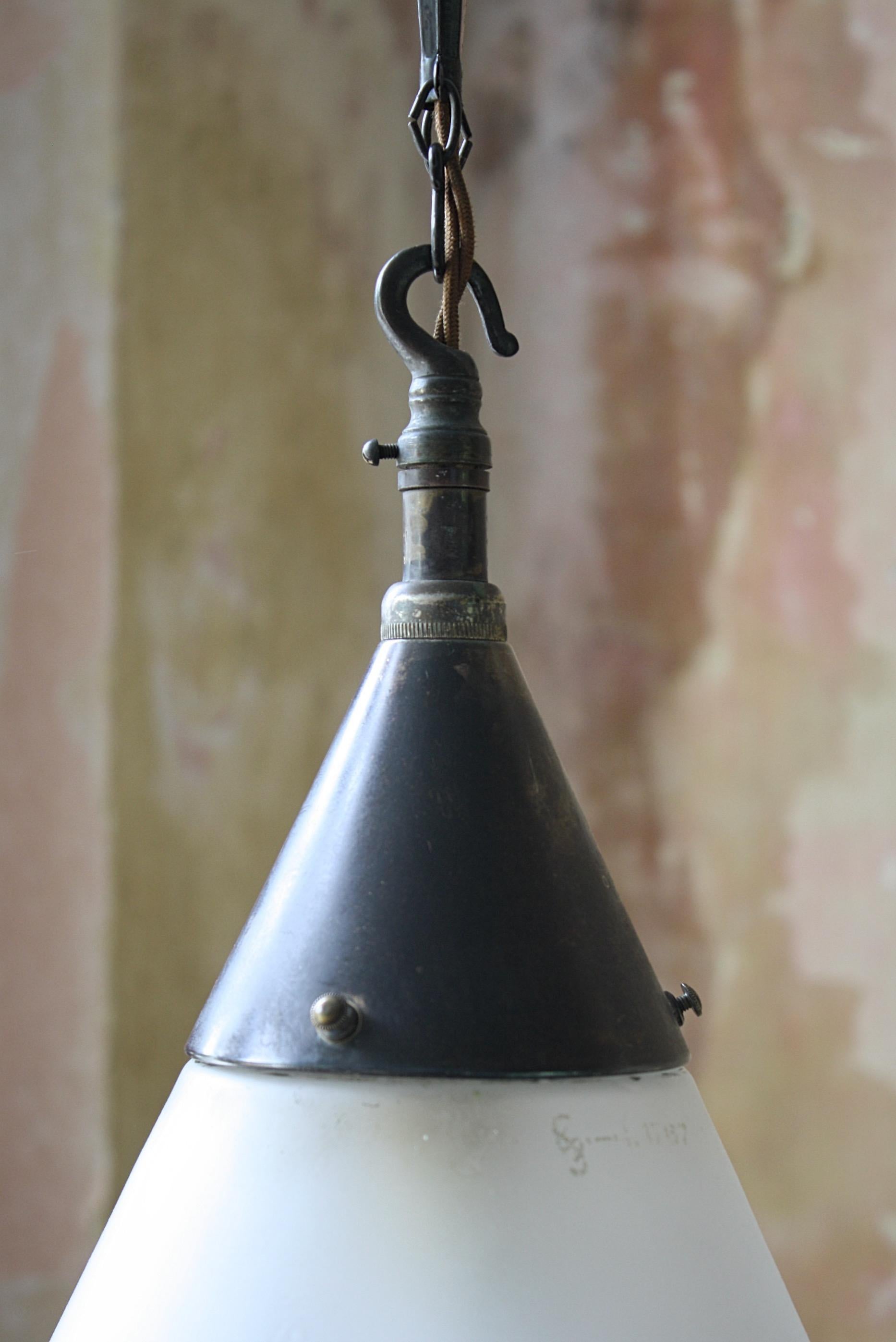 Large Early 20th C Brass & Frosted Glass Conical Peter Behrens Luzette Pendant 1