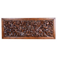 Large Early 20th C Intricately Hand Carved Walnut Panel