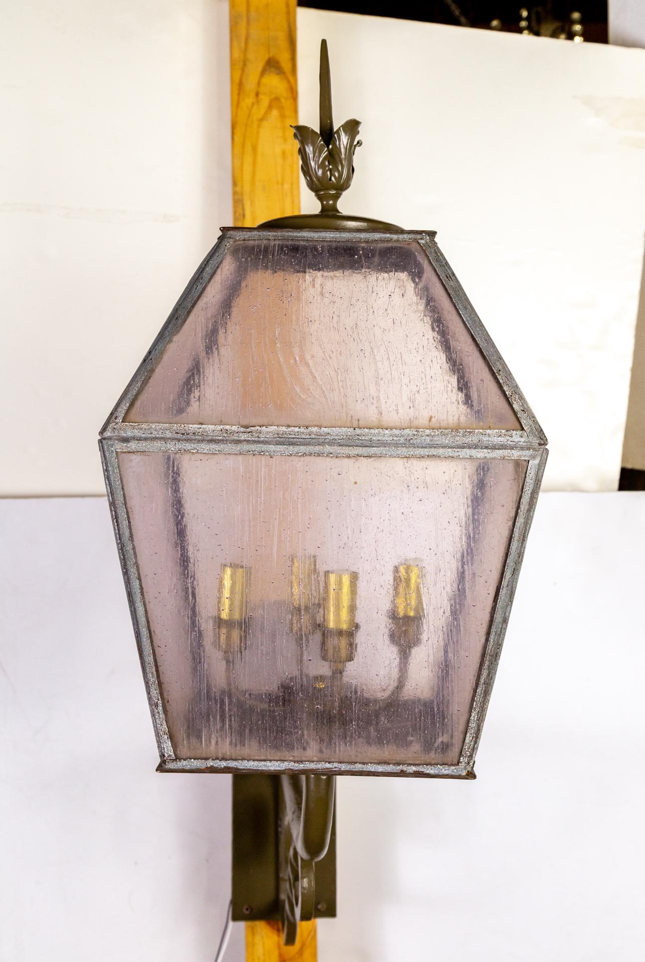 Metal Large Early 20th Cent. 4-Light Speckled Glass Wall Lantern For Sale