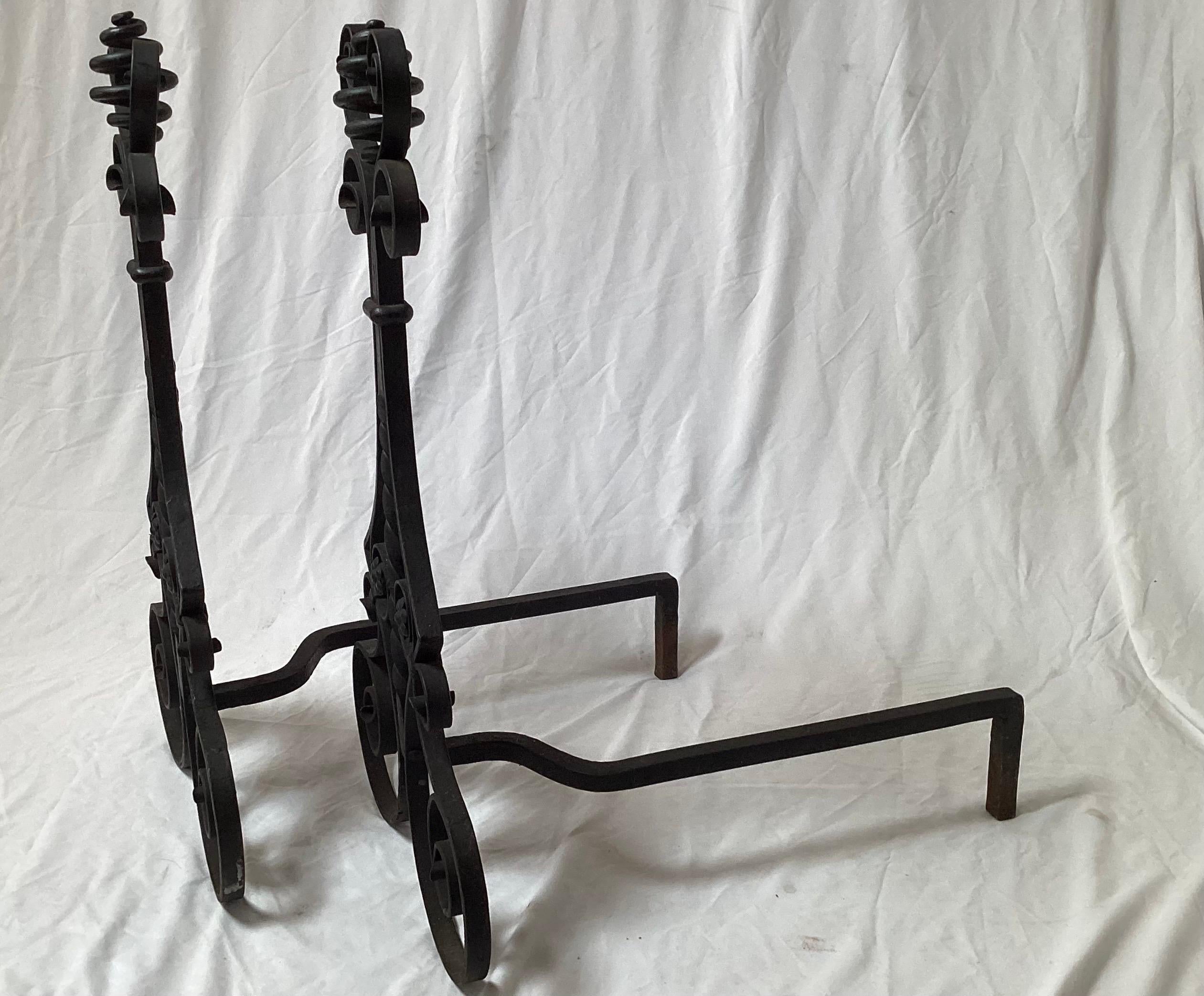 Large Early 20th Century Aesthetic Movement Hand Wrought Black Iron Andirons  In Excellent Condition For Sale In Lambertville, NJ