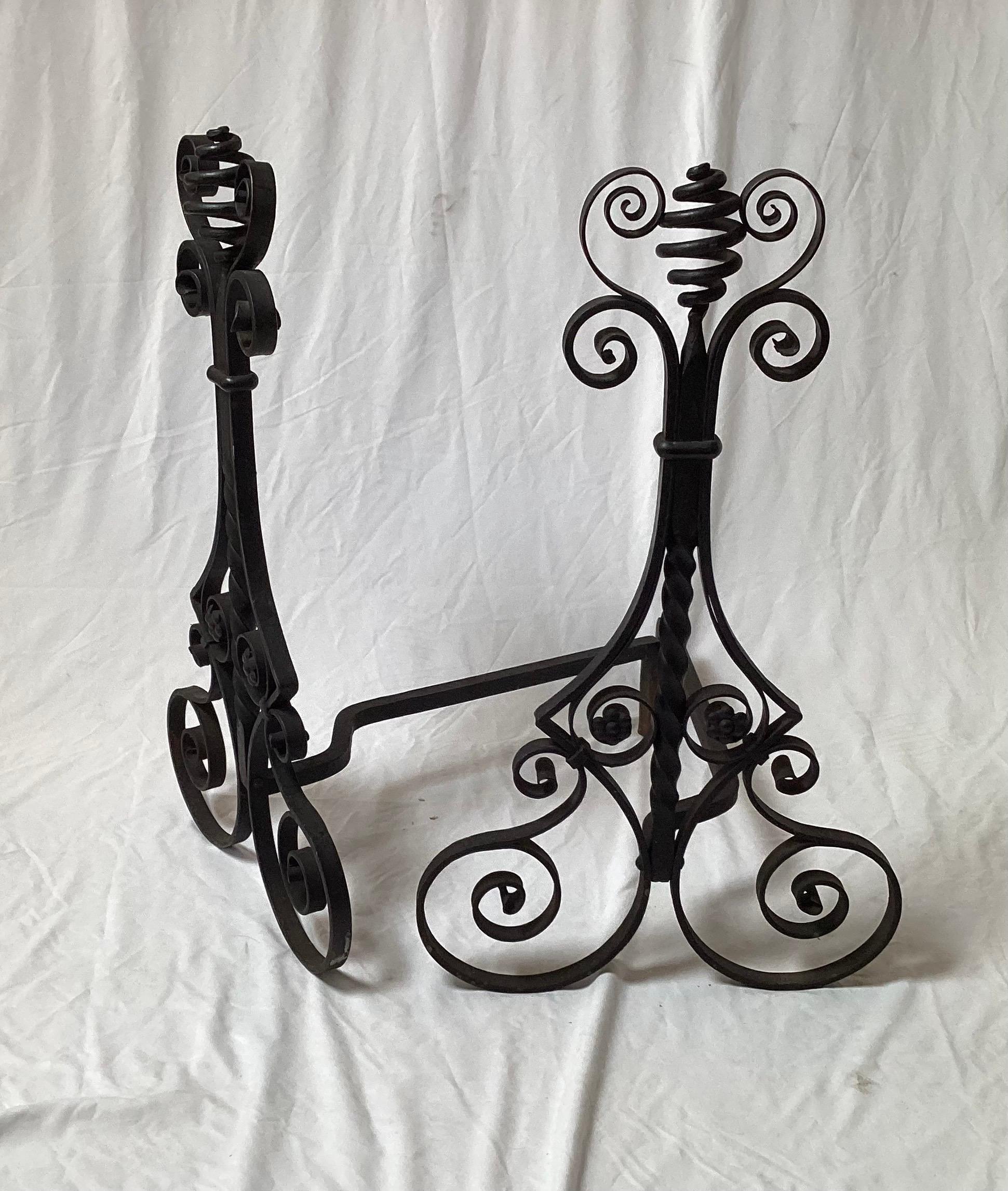 Wrought Iron Large Early 20th Century Aesthetic Movement Hand Wrought Black Iron Andirons  For Sale