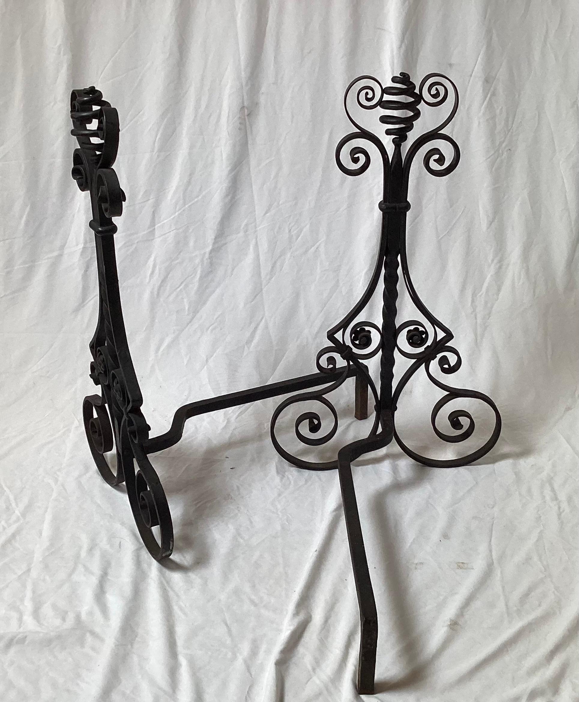 Large Early 20th Century Aesthetic Movement Hand Wrought Black Iron Andirons  For Sale 1