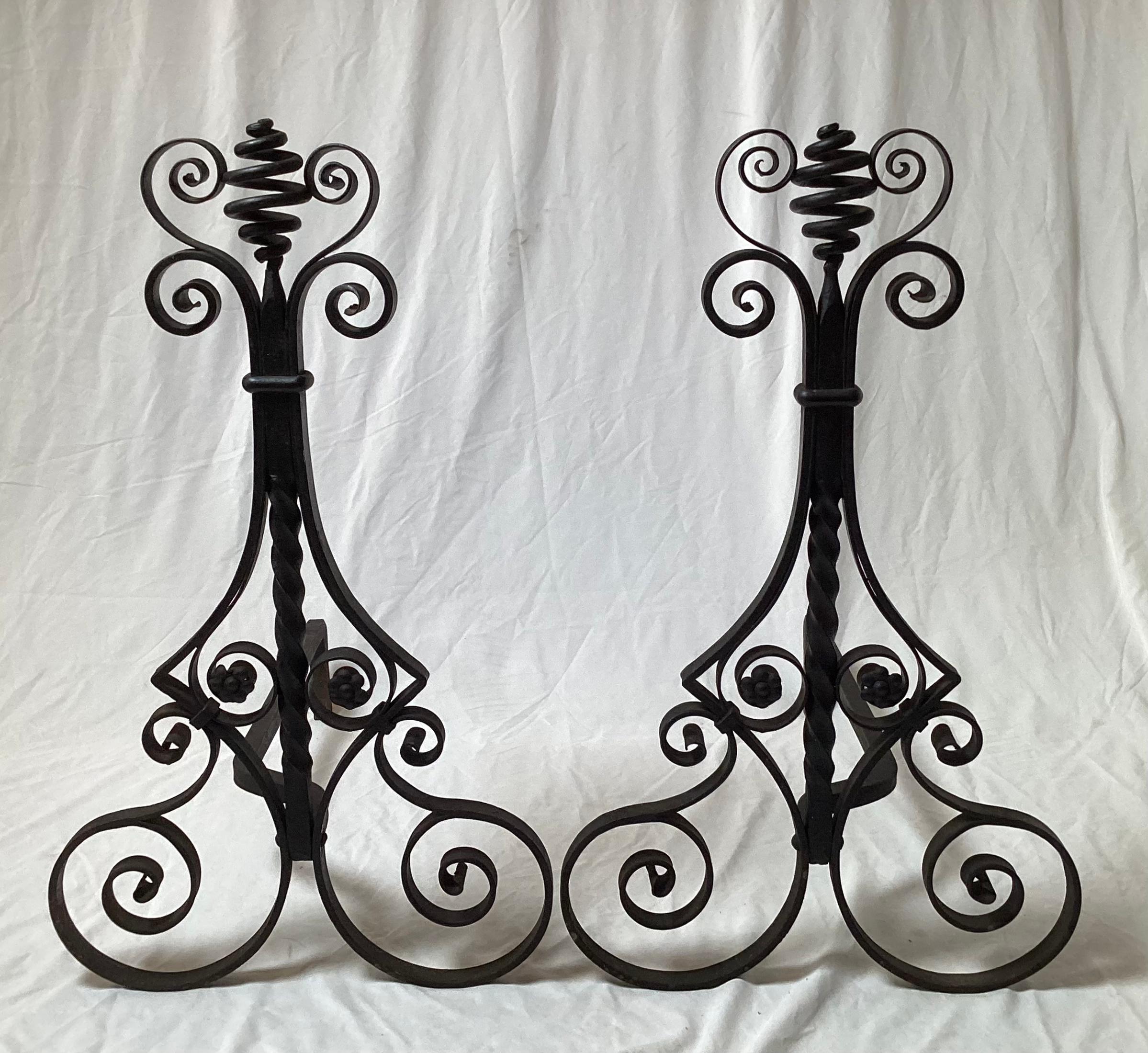 Large Early 20th Century Aesthetic Movement Hand Wrought Black Iron Andirons  For Sale 2