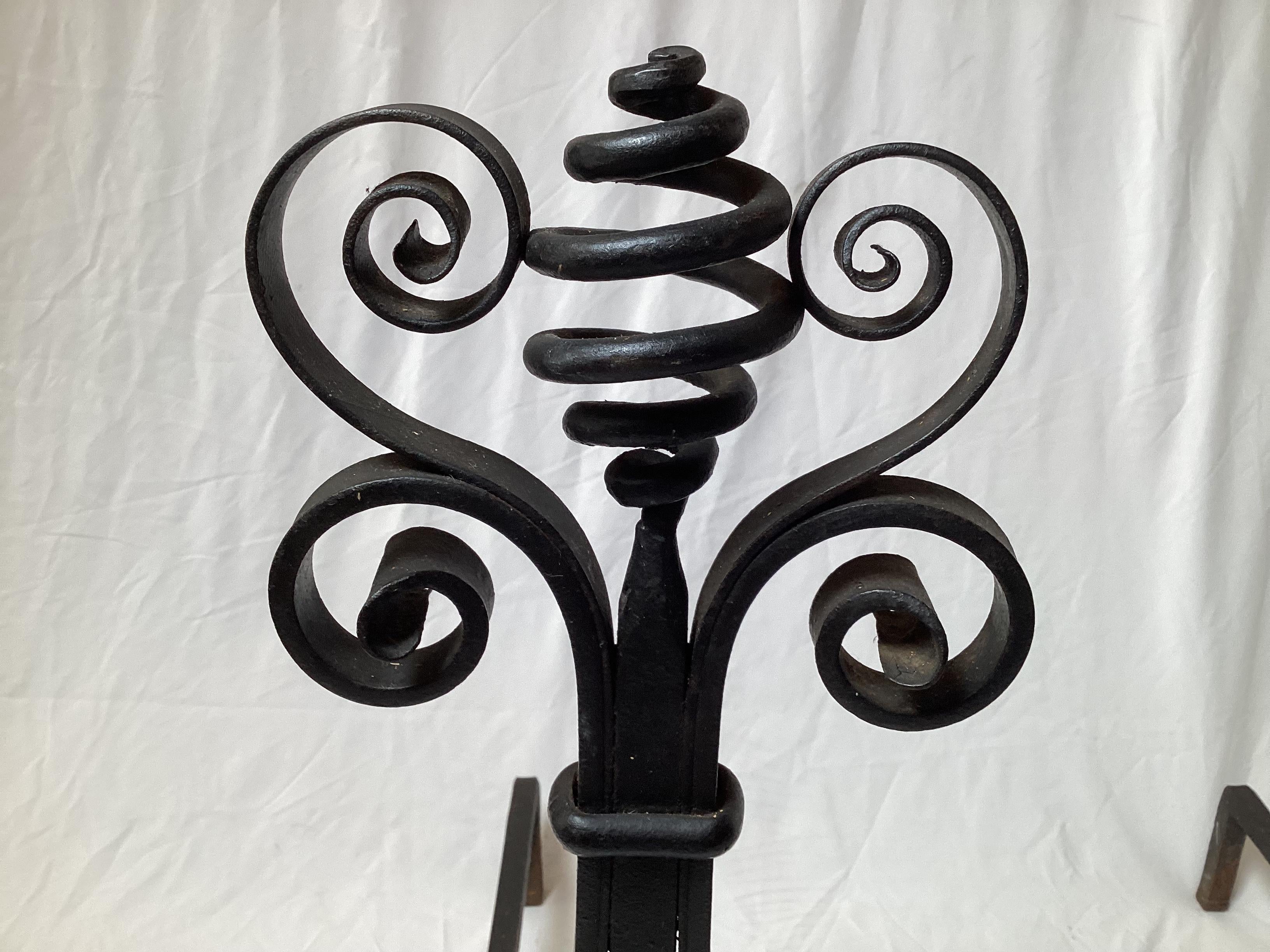 Large Early 20th Century Aesthetic Movement Hand Wrought Black Iron Andirons  For Sale 3