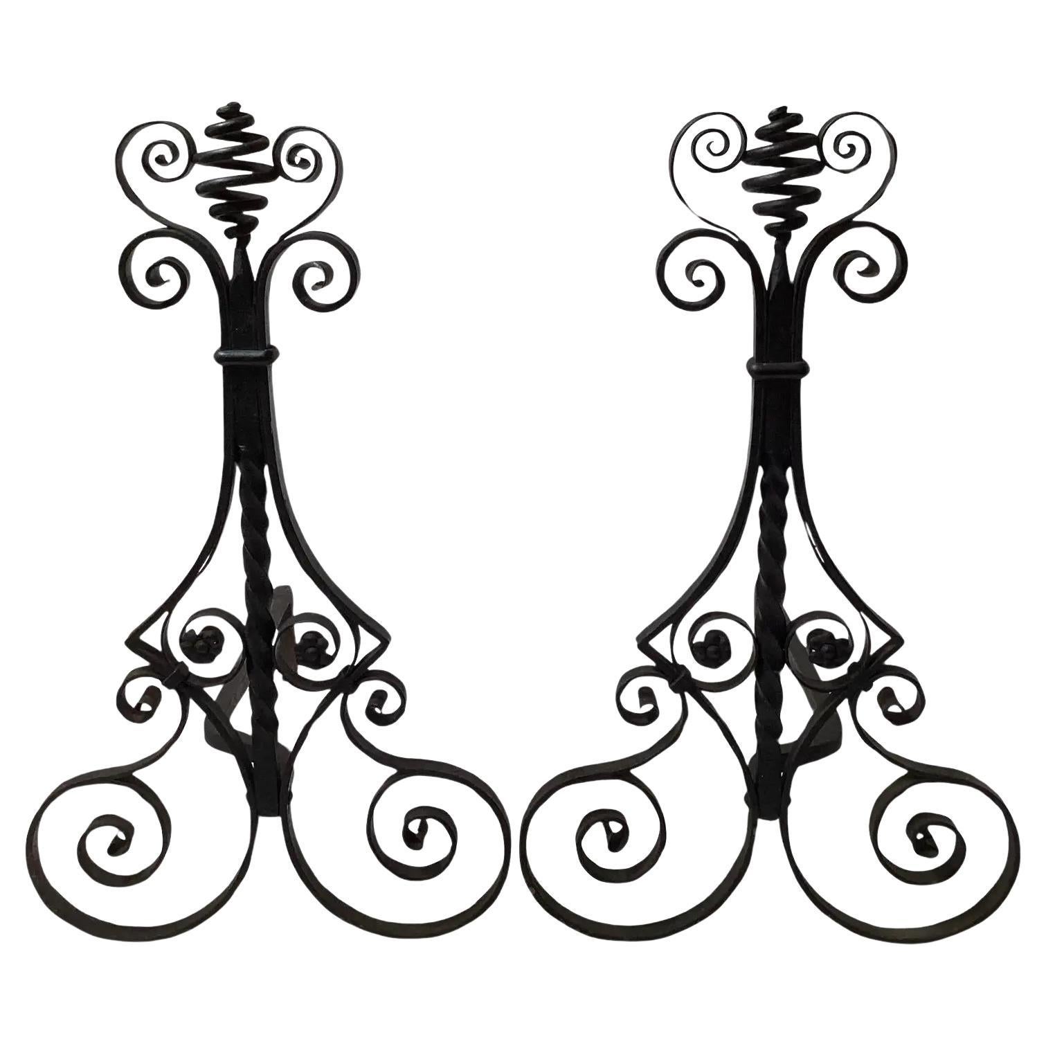 Large Early 20th Century Aesthetic Movement Hand Wrought Black Iron Andirons  For Sale