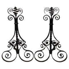 Antique Large Early 20th Century Aesthetic Movement Hand Wrought Black Iron Andirons 