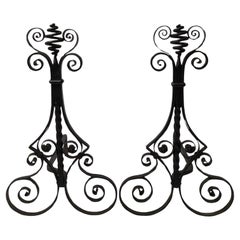 Large Early 20th Century Aesthetic Movement Hand Wrought Black Iron Andirons