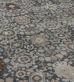 Large Early 20th Century Antique Wool Blue Floral Persian Tabriz Rug