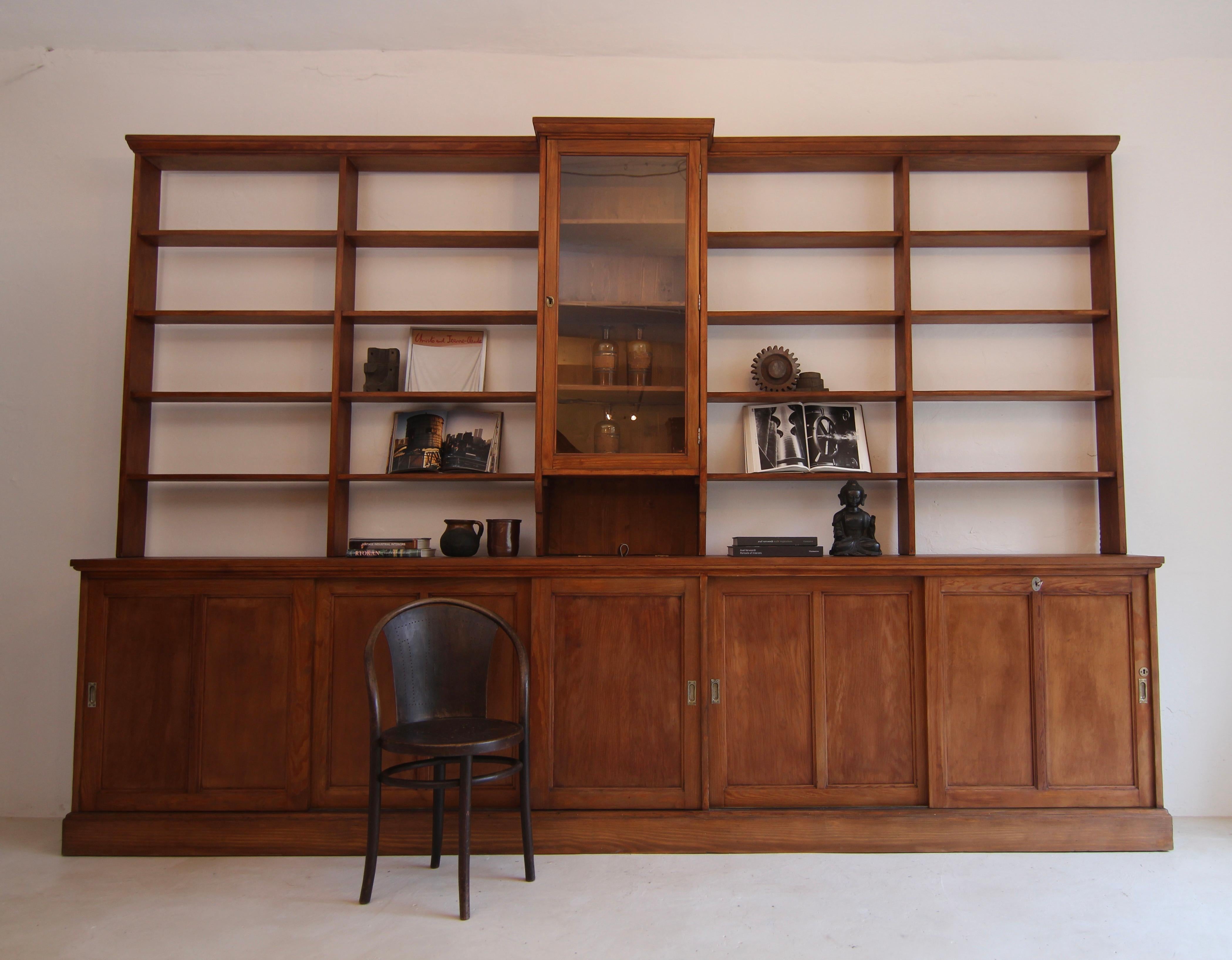 Industrial Large Early 20th Century Apothecary Shop Cabinet or Bookcase with Sliding Doors