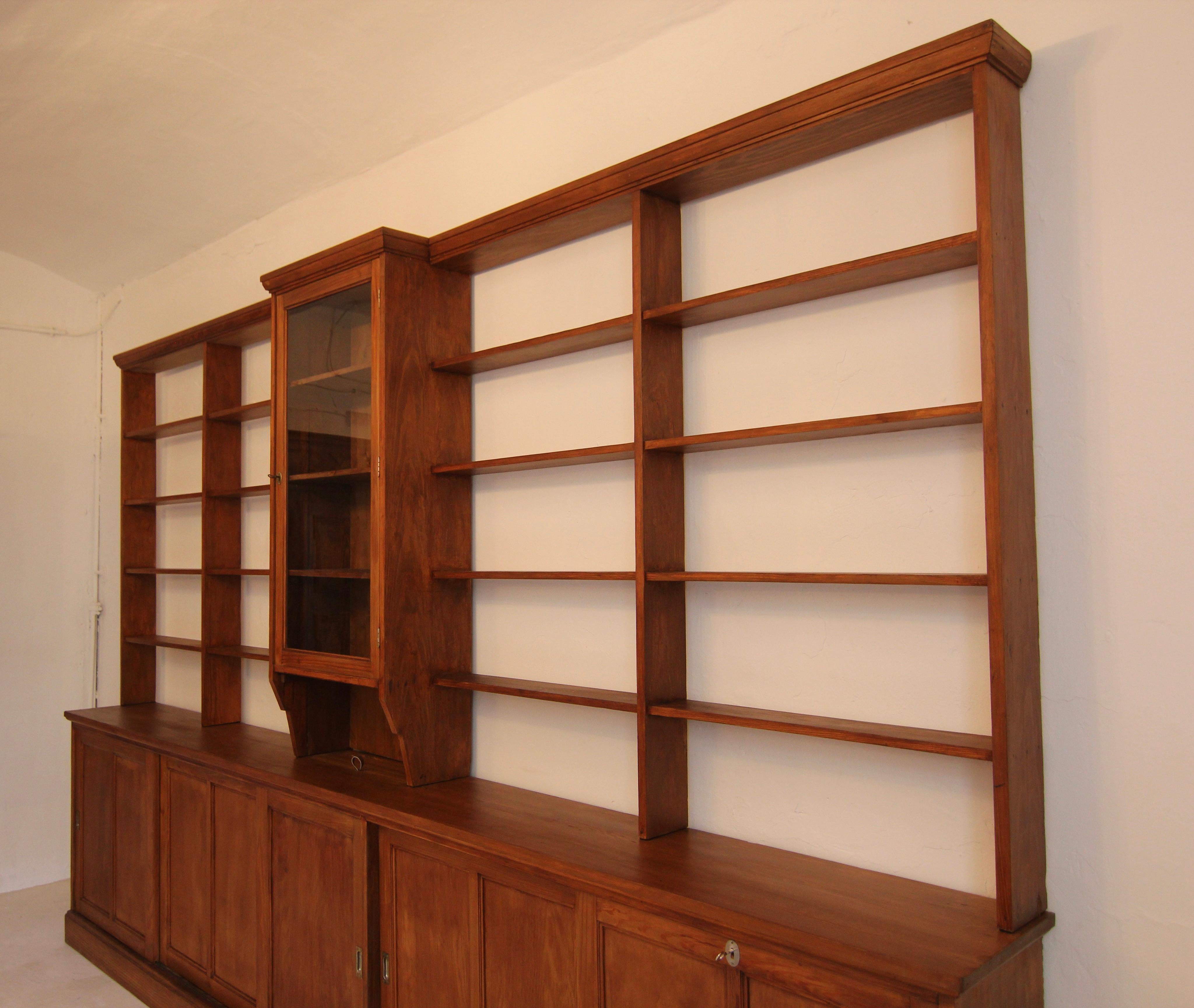 Large Early 20th Century Apothecary Shop Cabinet or Bookcase with Sliding Doors 1