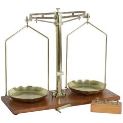 Large Early 20th Century Belgian Set of Brass Scales on Walnut Base with Weights