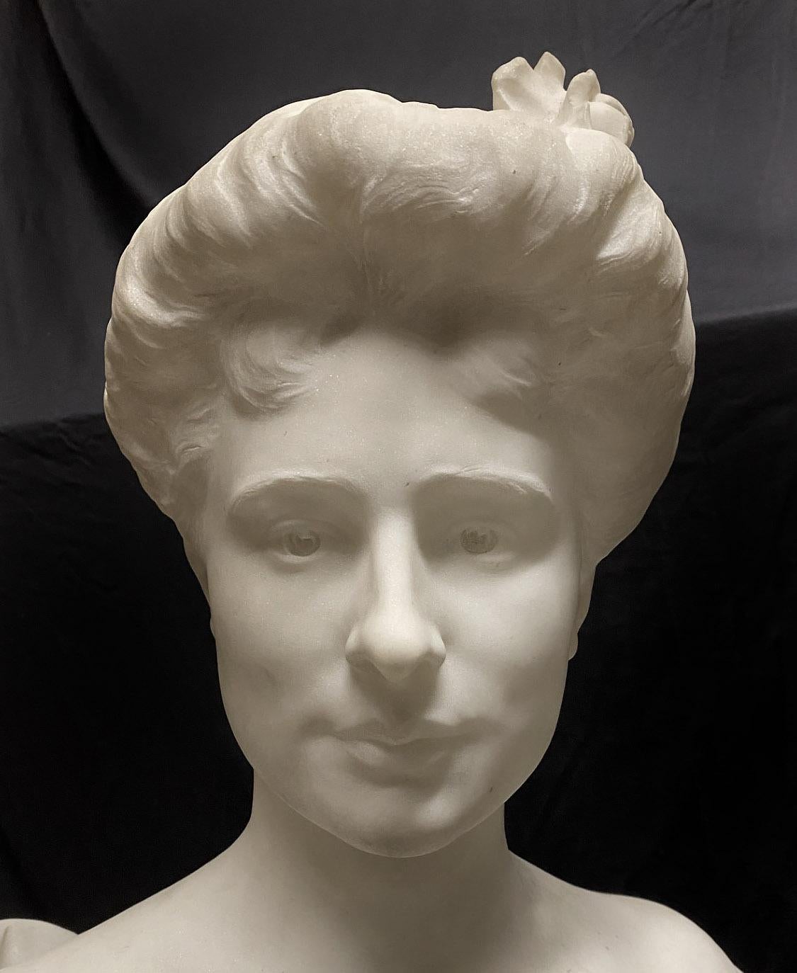 Belle Époque Large Early 20th Century Carrara Marble Bust of a Beauty by Auguste Maillard For Sale
