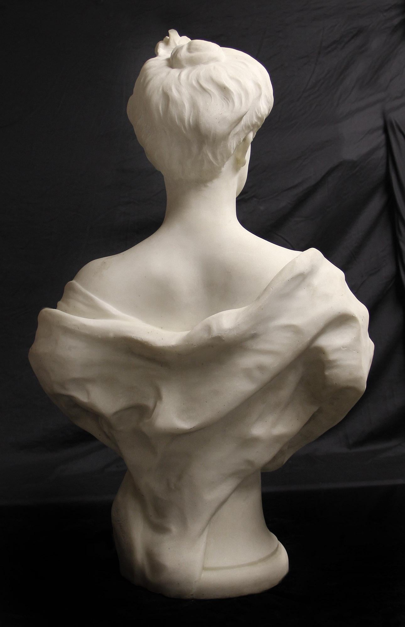 French Large Early 20th Century Carrara Marble Bust of a Beauty by Auguste Maillard For Sale