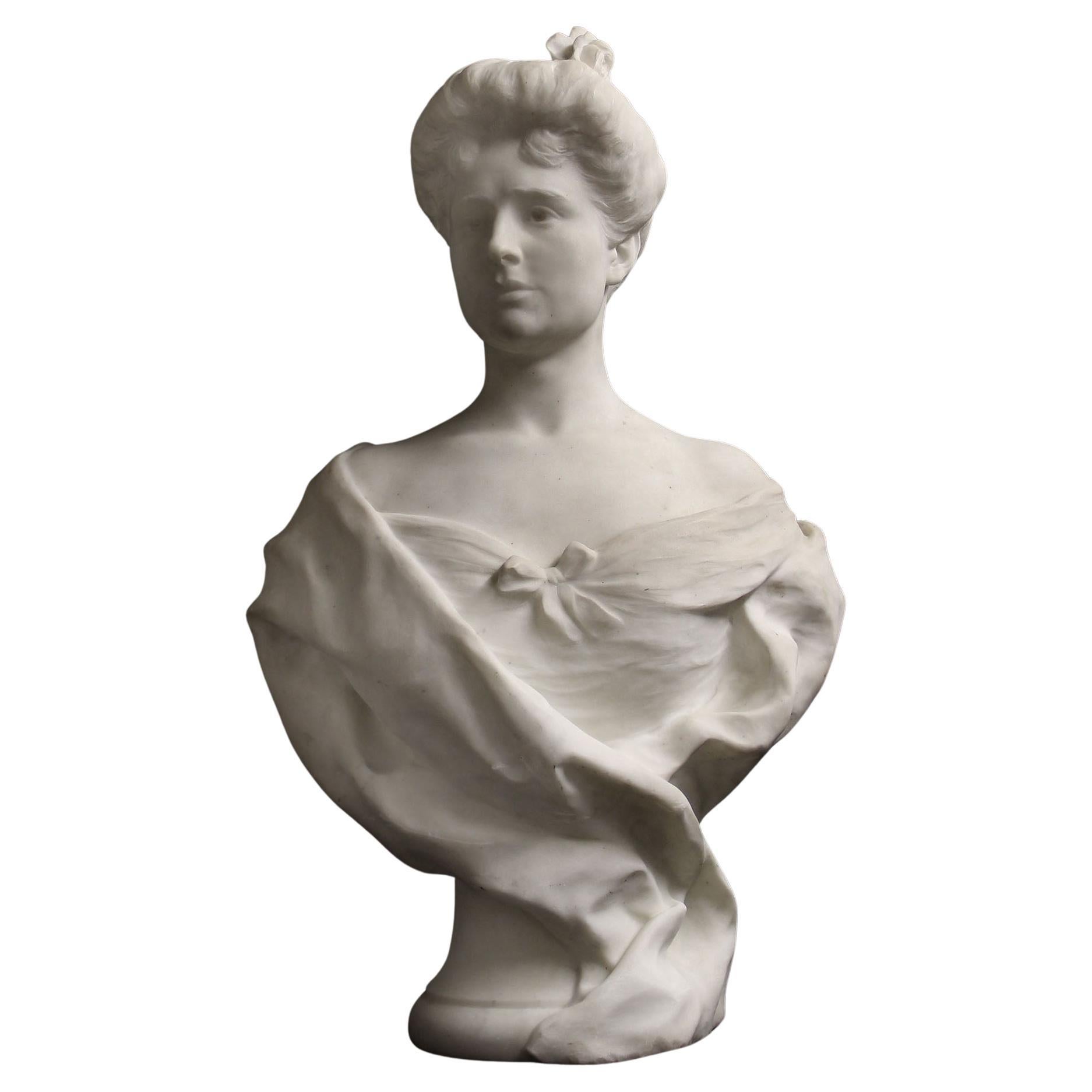 Large Early 20th Century Carrara Marble Bust of a Beauty by Auguste Maillard For Sale