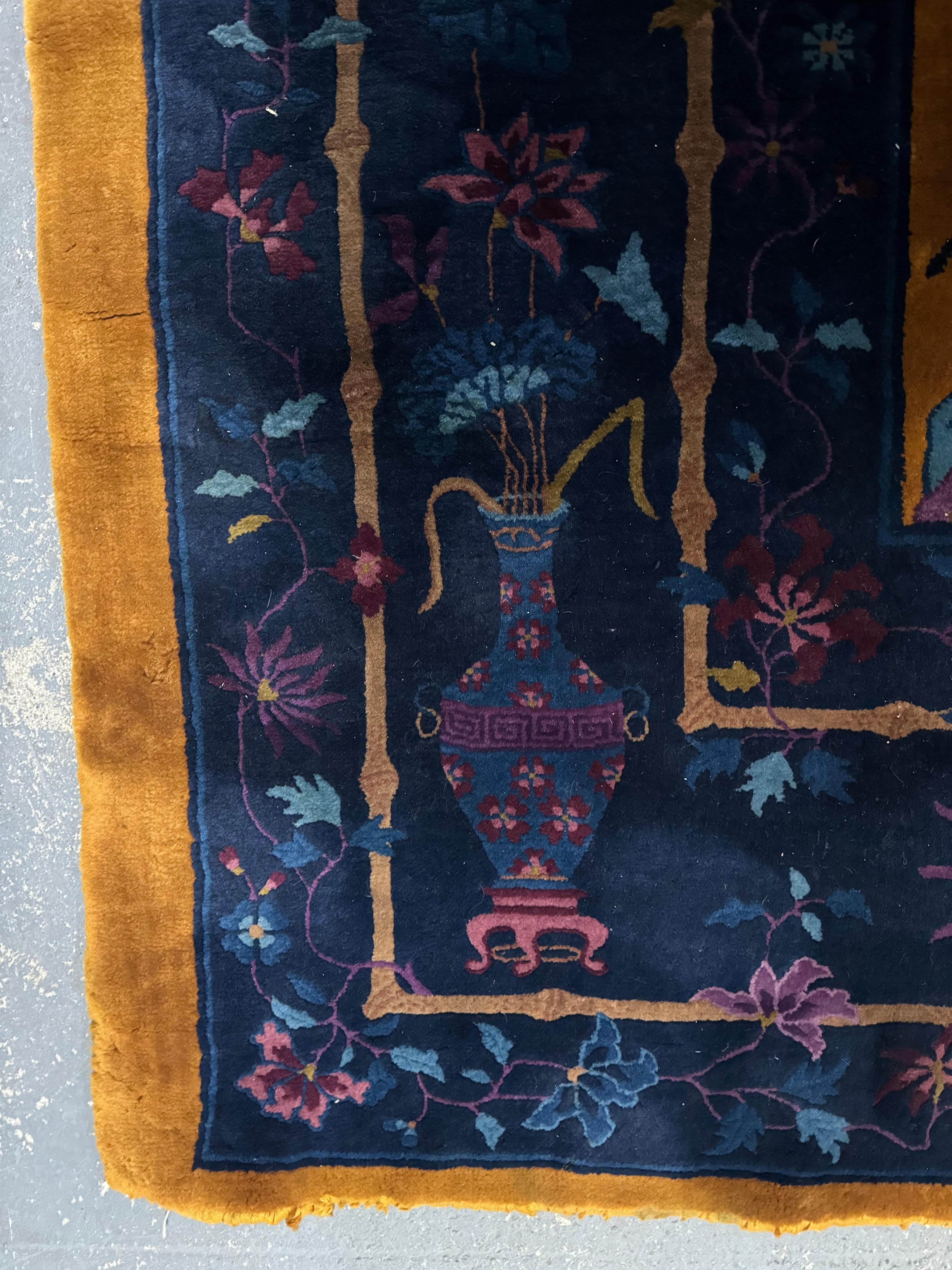 Alfombra antigua china Art Decó, de Walter Nichols. naranja dorado/azul Anudado a mano