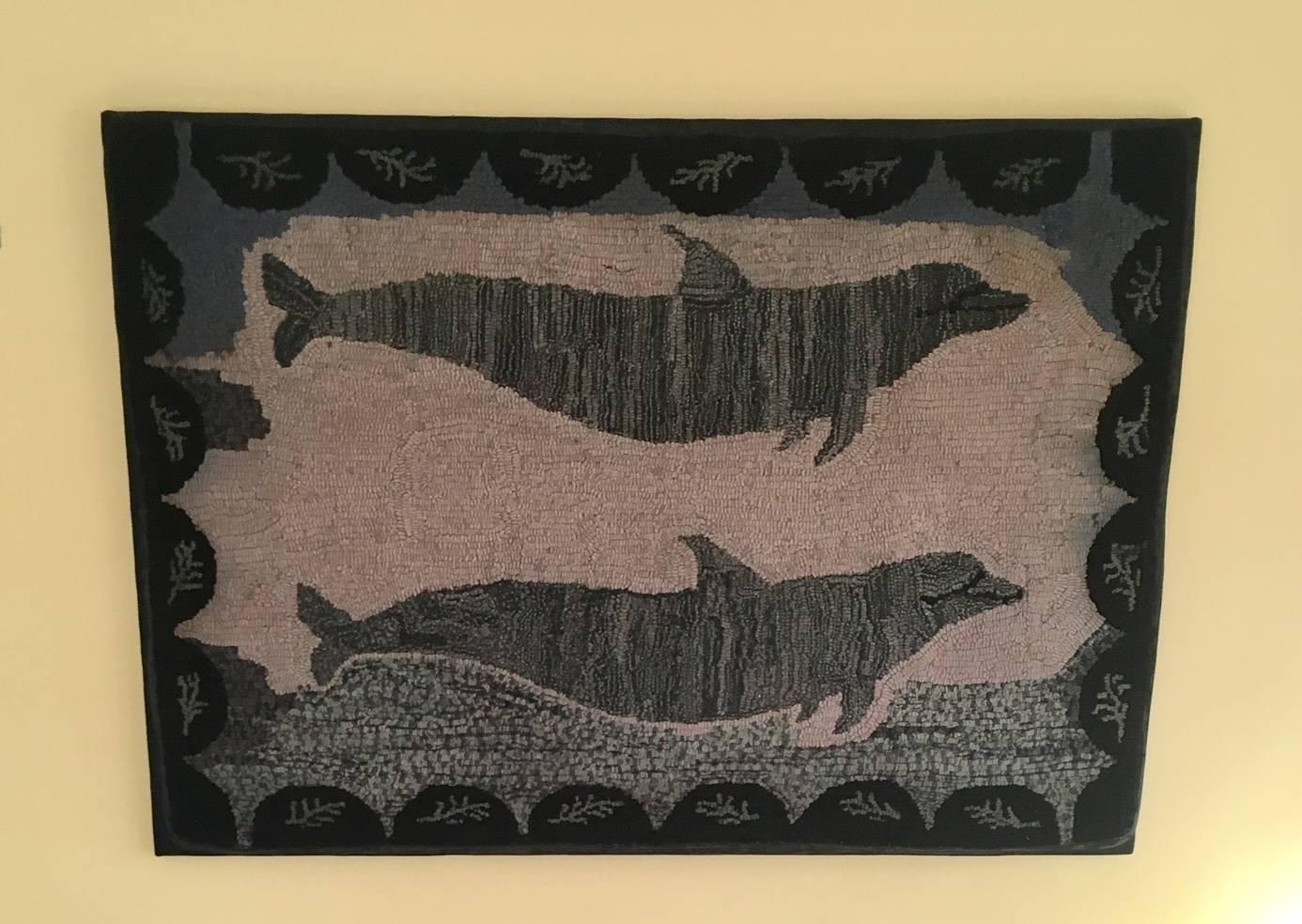 Hand-Crafted Large Early 20th Century Dolphin Hooked Rug