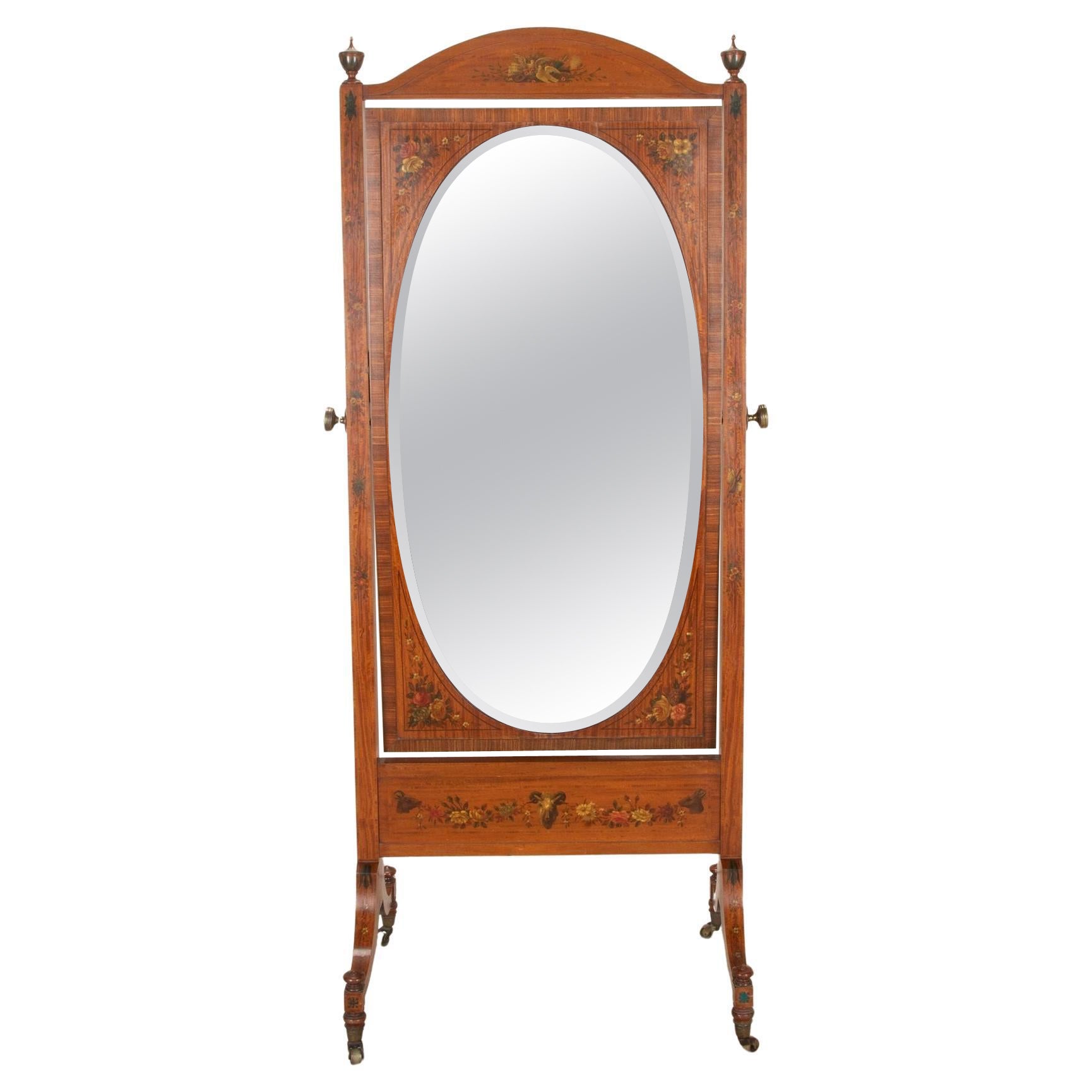 Large Early 20th Century Edwardian Satinwood Cheval Mirror For Sale