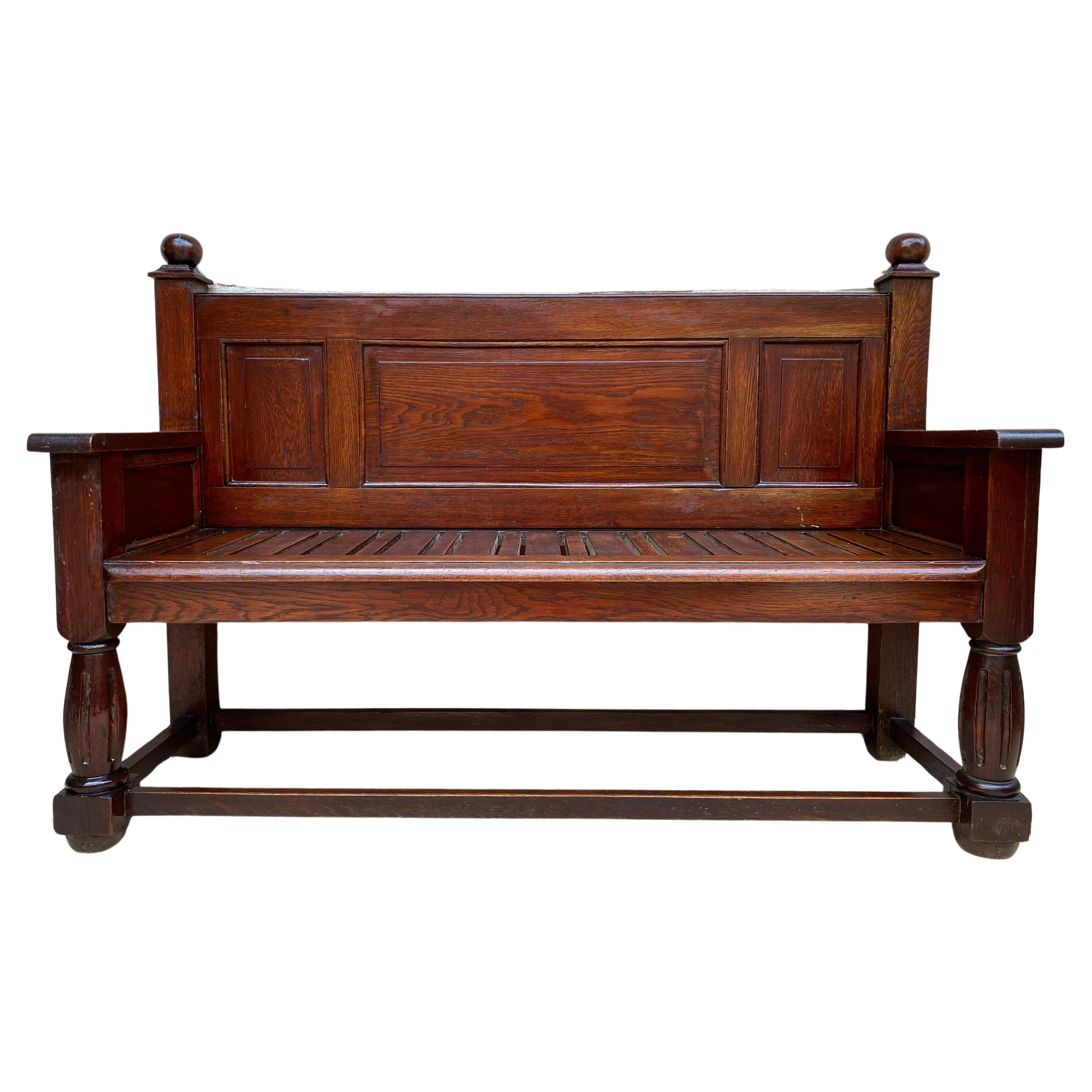 Large Early 20th Century French Bench in Oak with Long Seat, 1940s