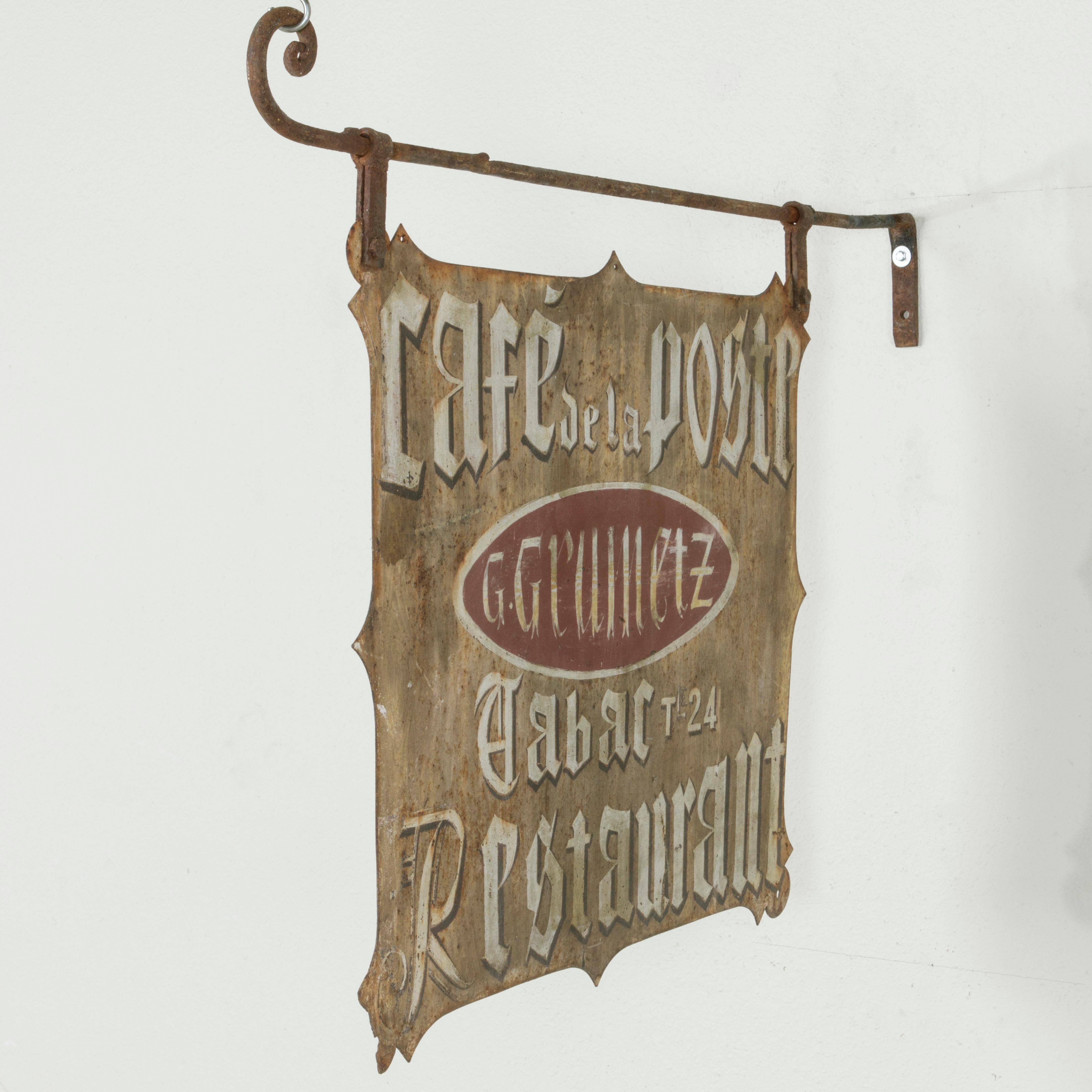 Large Early 20th Century French Double Sided Painted Iron Cafe Sign with Bracket 1