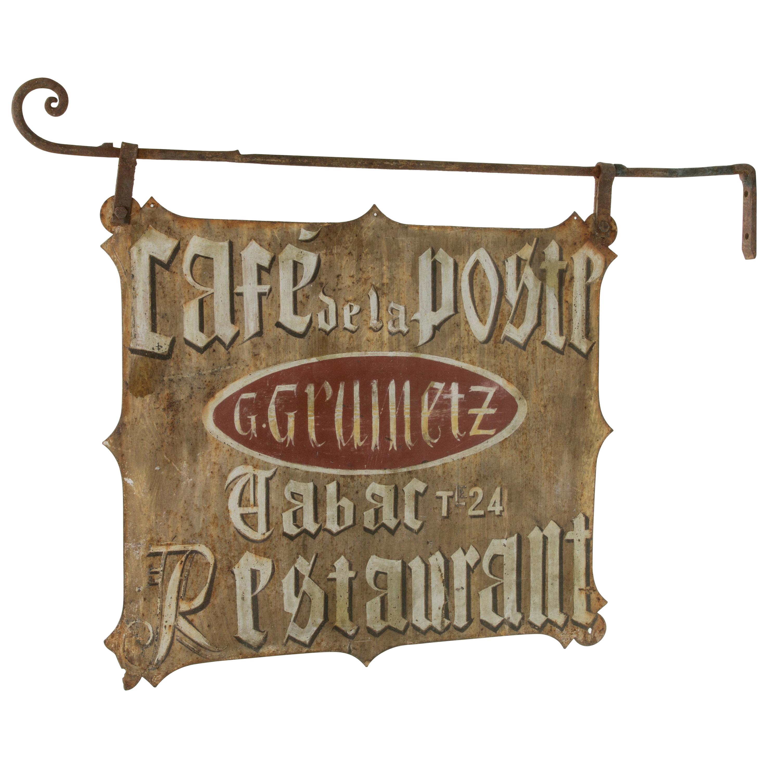 Large Early 20th Century French Double Sided Painted Iron Cafe Sign with Bracket