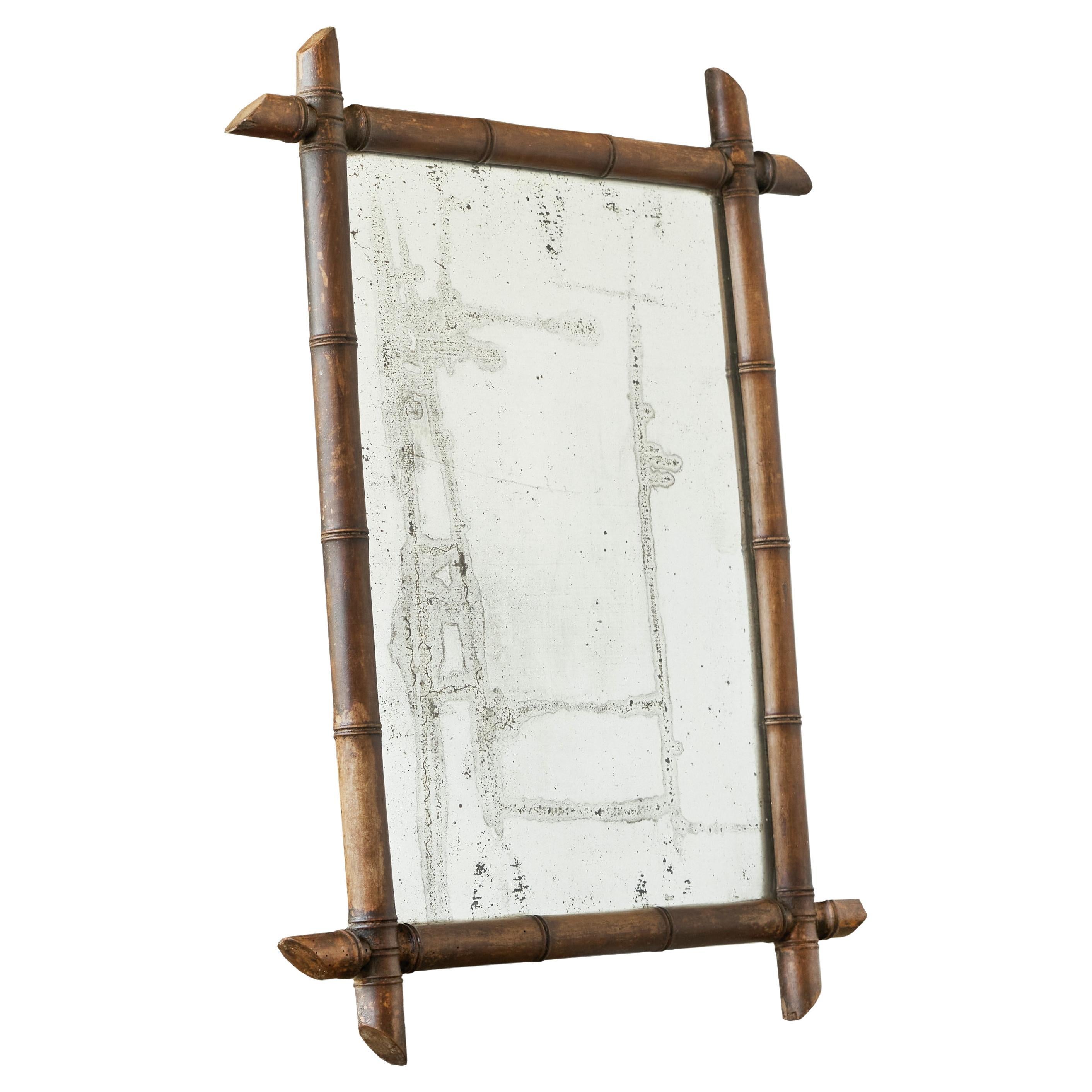 Large Early 20th Century French Faux Bamboo Mirror in Wood and Weathered Mirror